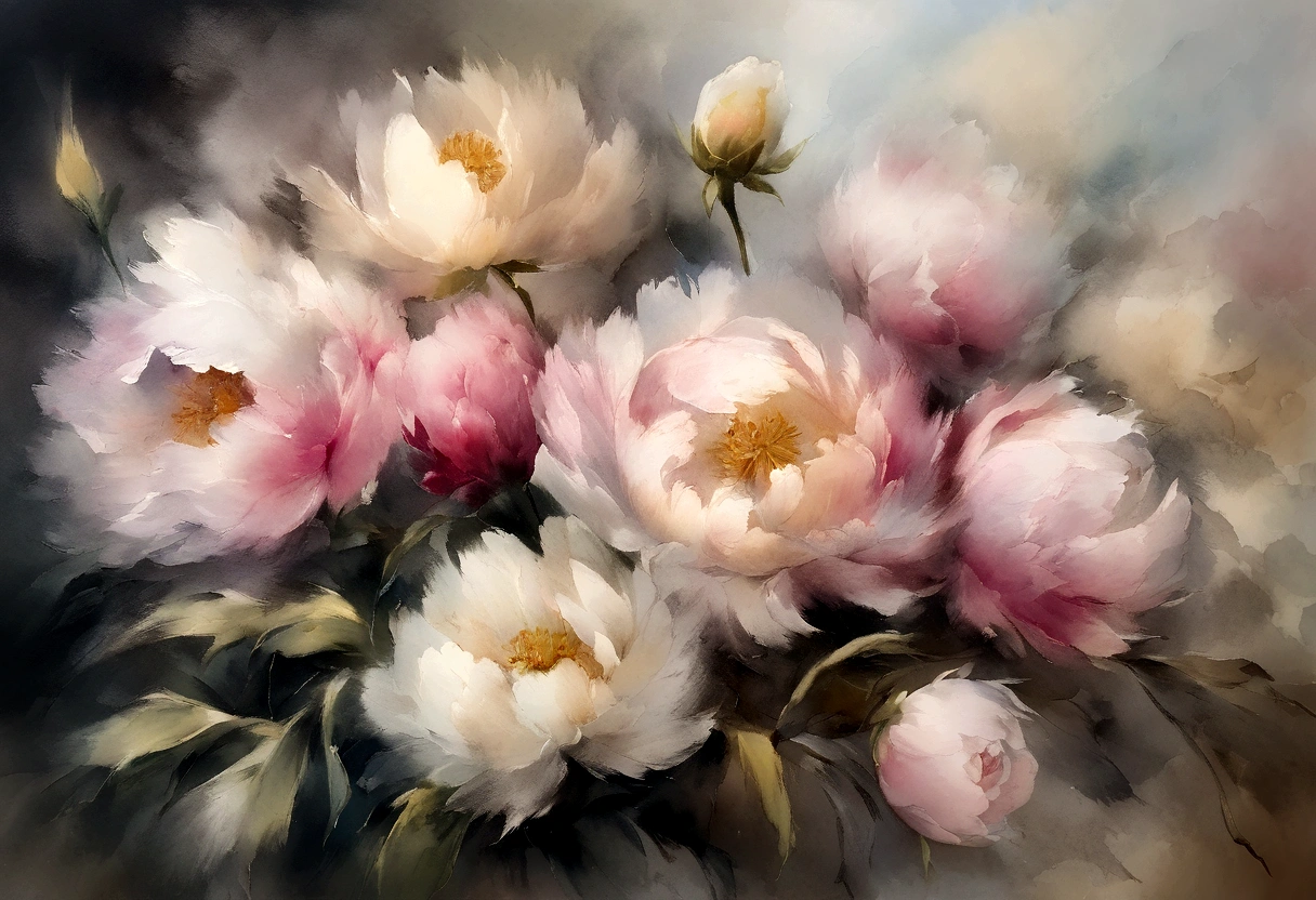 ((materpiece)), ((best quality)), ((high-res)), ((Ink wash)), ((artist)), ((extremly details)), beautiful peonies flowers, pastel colors, Claude Monet inspired