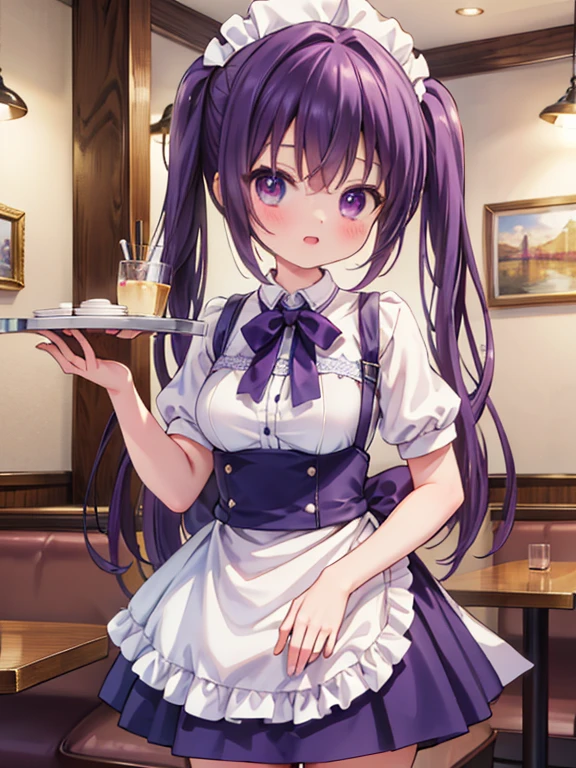 masterpiece, highest quality, Very detailed, 16k, Ultra-high resolution, Cowboy Shot, Detailed face, Perfect Fingers, -yeld fee, Inside the restaurant, Cute waitress outfit, table, Chair, Carry dishes