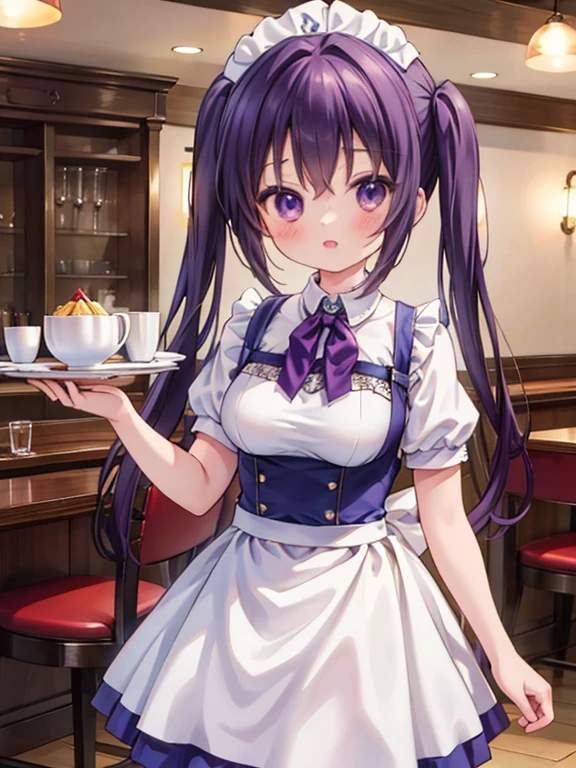 masterpiece, highest quality, Very detailed, 16k, Ultra-high resolution, Cowboy Shot, Detailed face, Perfect Fingers, -yeld fee, Inside the restaurant, Cute waitress outfit, table, Chair, Carry dishes