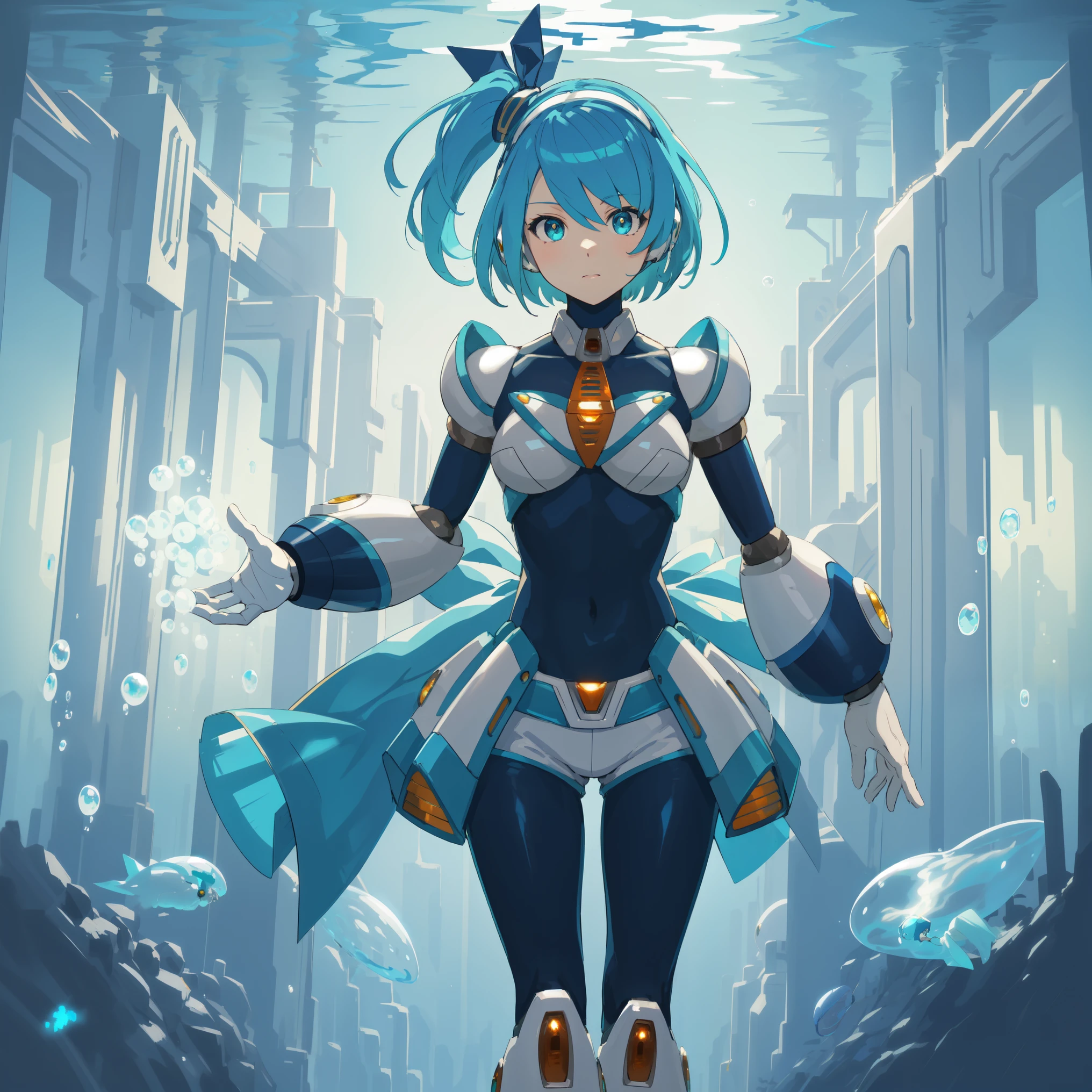 rico_megamanxdive, 1girl, solo, blue eyes, short hair, blue hair, android, high quality, masterpiece, standing in an underwater city with lots of bubbles, in the style of yuumei, intricate architectures, indigo, miniature illumination, daniel f. gerhartz
