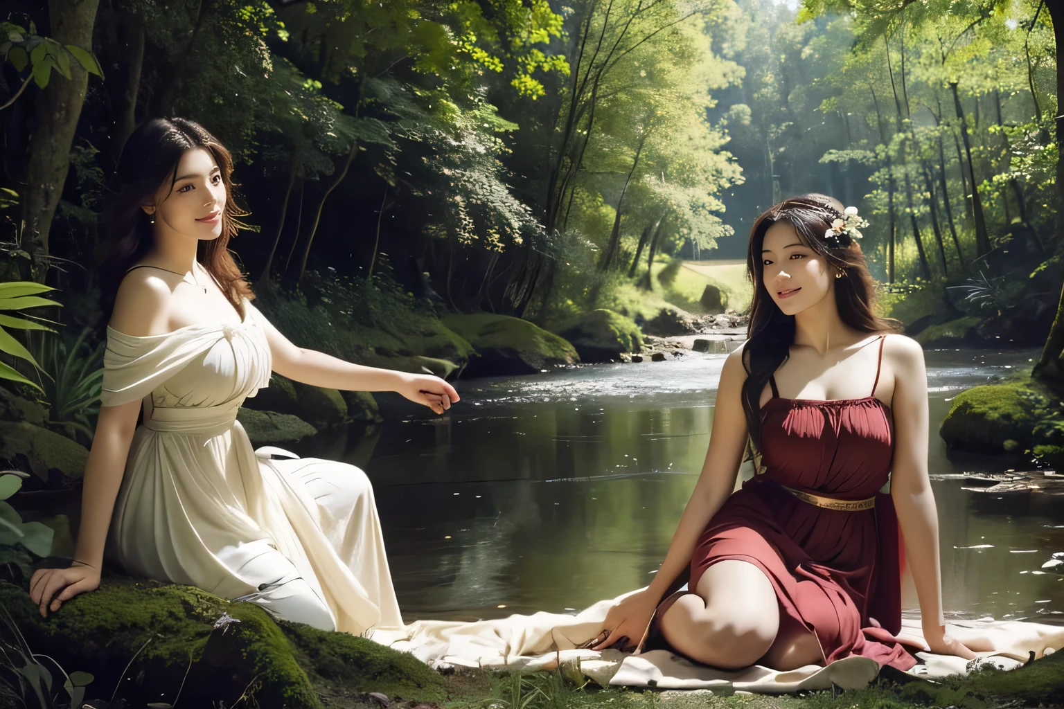 Giorgione painting style,Barbizon forest A beautiful woman in Greek dress smiles on the shore,Sweet and seductive appearance.、Caravaggio's paintings、Chiaroscuro of Caravaggio、hair tousled by the wind,Two women frolicking,cute smile, expression of ecstasy,Sexy,erotic, full body portrait