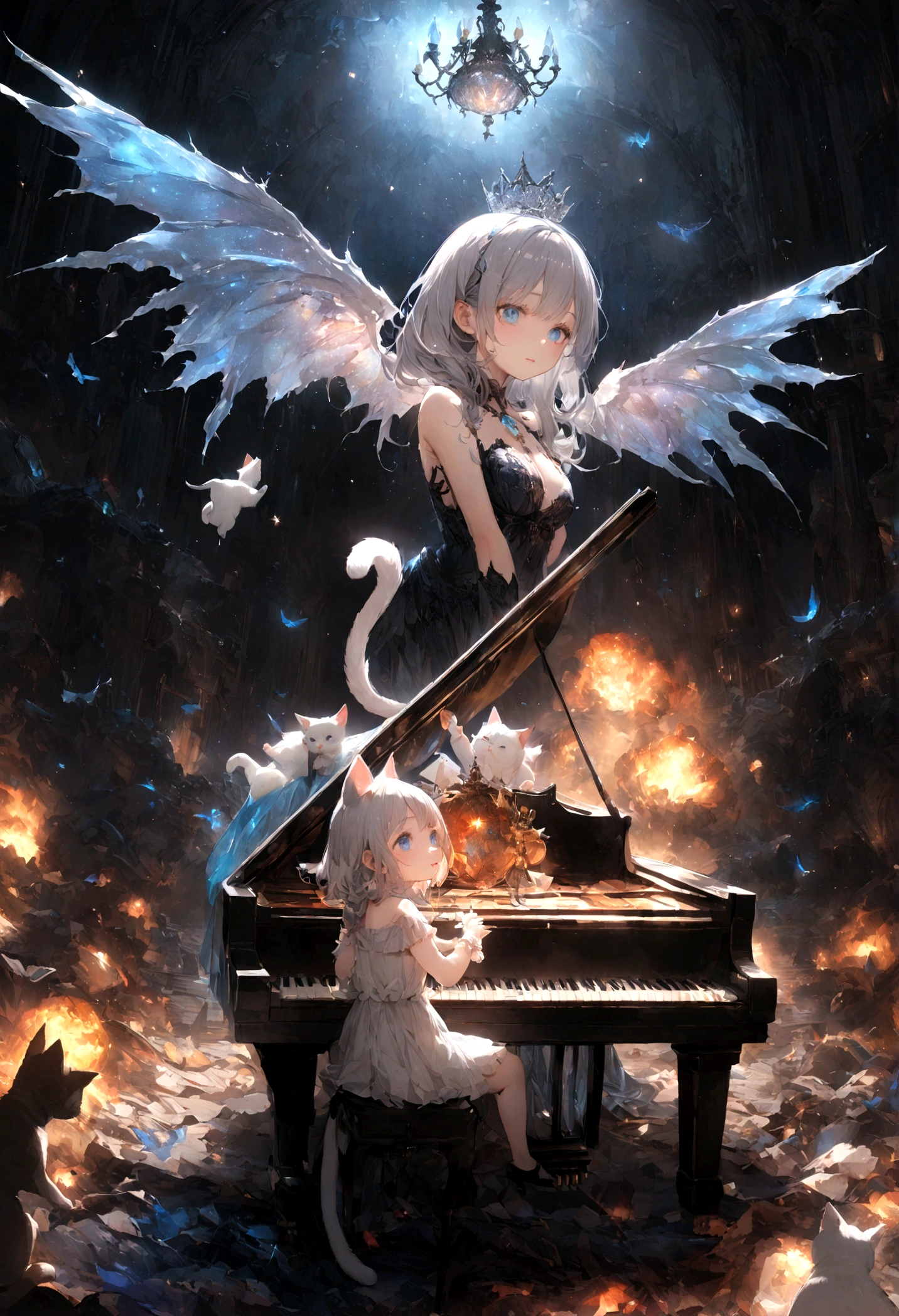 magicの杖、chandelier、cute、、Young Girl、12age、Flying、Your eyes are bright and beautiful、whole body、Gray Hair、White cat ears、Cat's Tail、Beautiful blue eyes、White Crown、白いgem、piano、White Vampire Wings、Rin々Funny face、beautiful、Black Moon、Lots of blue light、universe、Fantasy,Lots of light、gem、magic、AmbiLight,The colors are vivid and bright,Black background,haze,Detailed depiction,Rich details,Explosion of imagination,Surreal,Ultra-realistic,masterpiece,8k,Light,Tyndall effect