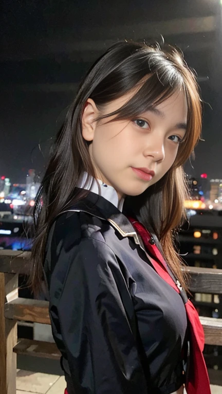 best quality, ultra high res, (photorealistic:1.4), 1girl, the girl wearing black sailor uniform, visual kei hair, gothic, night, city scape background, city light, cinematic lighting, 80s filter, zoom to face, detailed face , looking at viewer, front view, head tilted