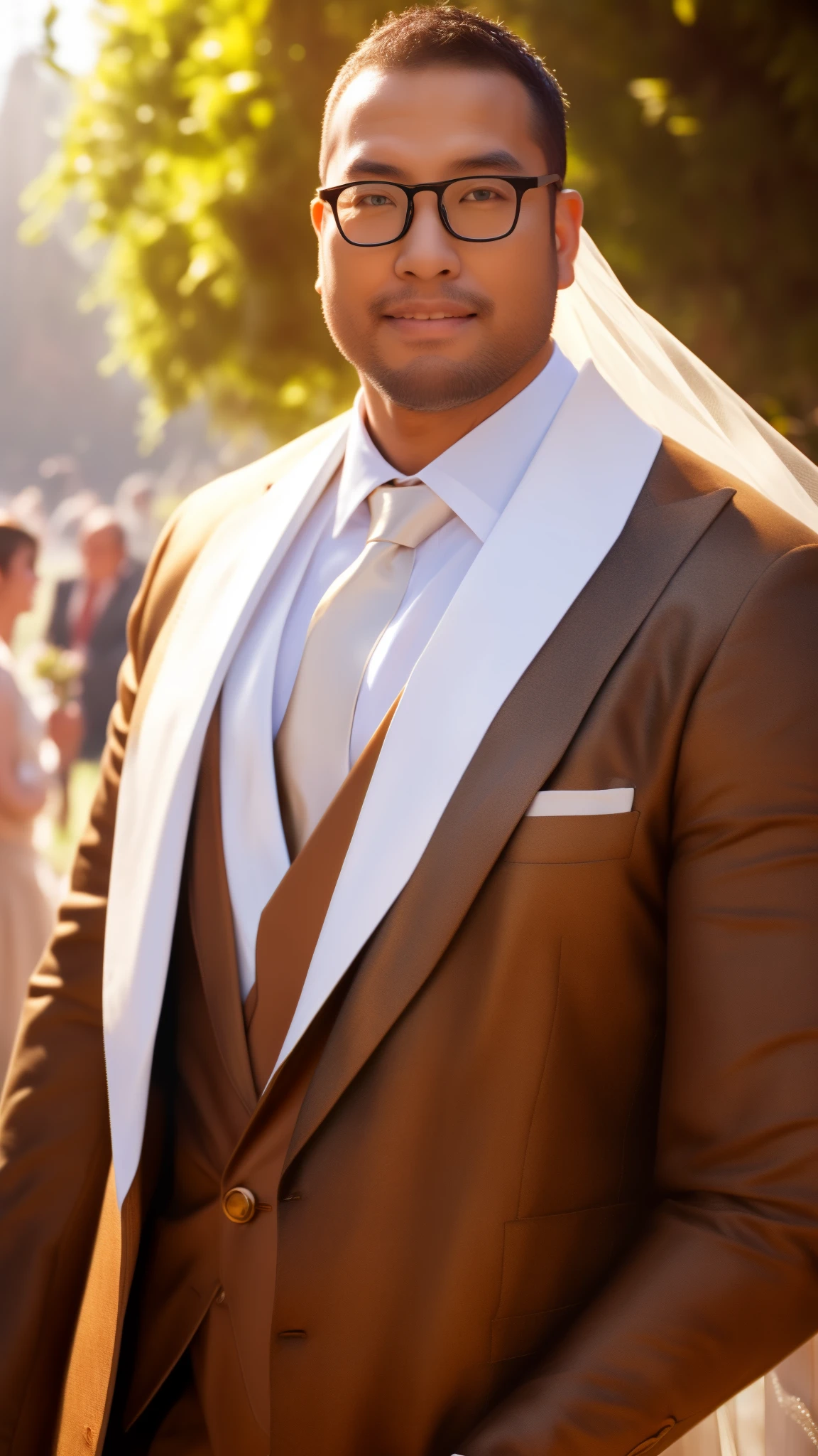 An award-winning original photo，a handsome 38-year-old man, crew cut, (((full body))), (((landscape))), mature man, [slightly fat], asian man, rounded face, brown eyes, rounded face, glasses, fair skin tone, light skin tone, balding, 1boy, Solo, (big shoulders), musculature, stubbles, Short beard, (Beautiful eyes:1.3), (Detailed face:1.3), wearing glasses, Dynamic Angle, volumetric lighting, (Best quality, A high resolution, Photorealistic), Cinematic lighting, Masterpiece, RAW photo, Intricate details, (extremely detailed 8k wallpaper), masterpiece 16k photo, marriage, white groom suit, outdoor marriage,