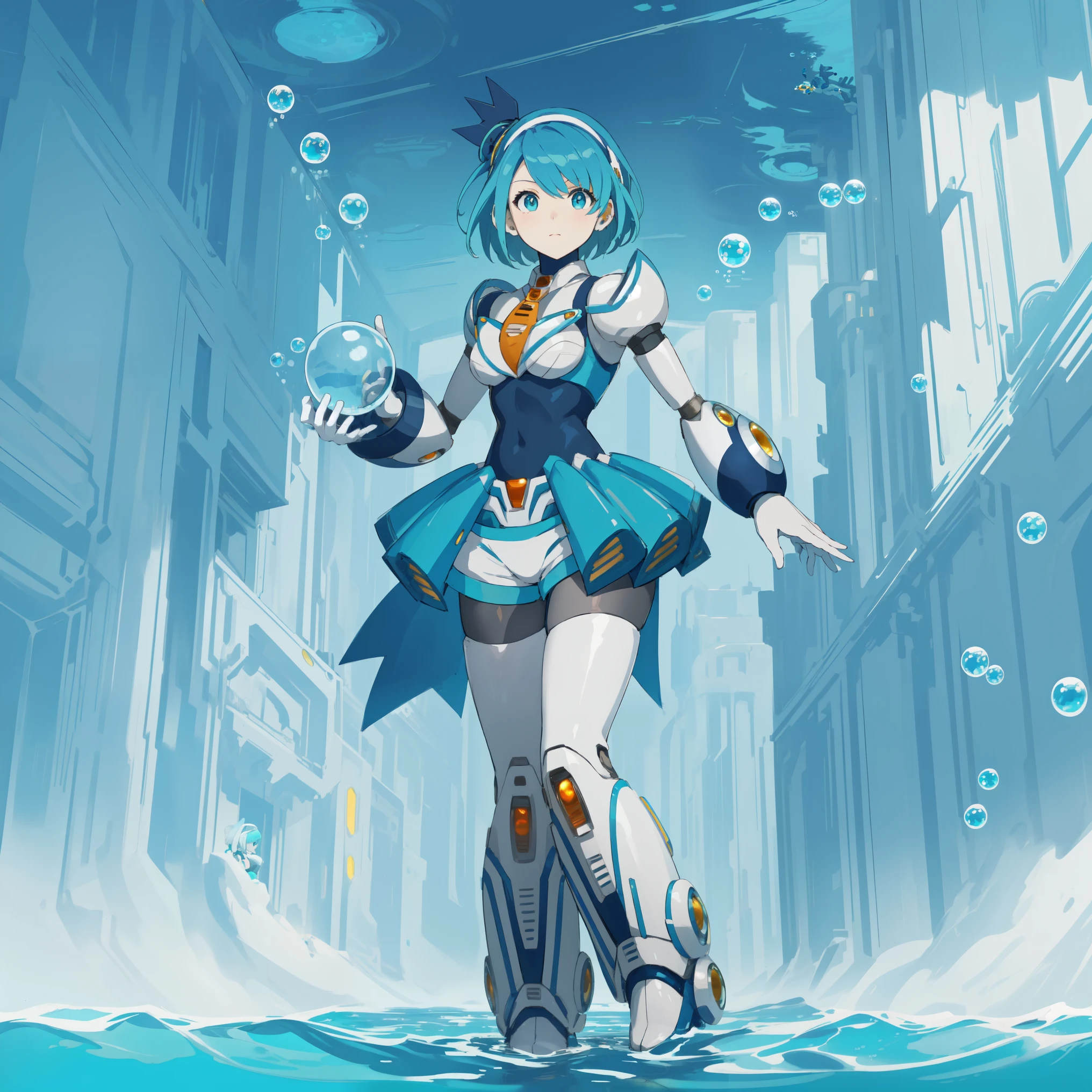rico_megamanxdive, 1girl, solo, blue eyes, short hair, blue hair, android, high quality, masterpiece, standing in an underwater city with lots of bubbles, in the style of yuumei, intricate architectures, indigo, miniature illumination, daniel f. gerhartz