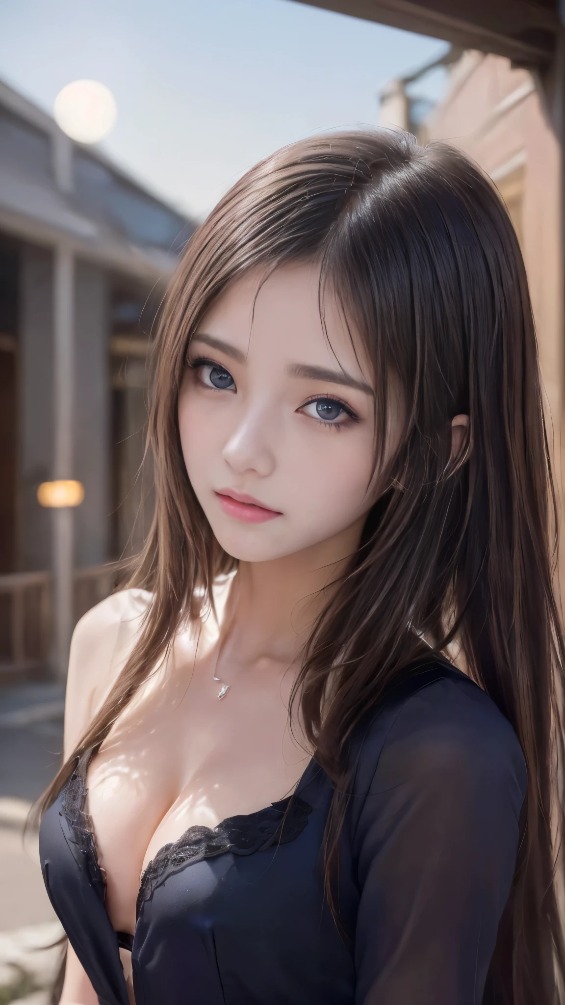 A girl with long hair and a backpack walking against the background of a beautiful night moon, ((Portrait from the front:1.3)), ((Perfect Style)), Smooth body, Cute girl anime visuals, (( cute costumes:1.3)), ((Beautiful school girl)), ((Smooth and lustrorown hair)), (Captivating blue eyes, Long, clumpy eyelashes:1.1), (Beautiful small face), high nose, (Moisturizing lips:1.2), (Beautiful breasts:1.vage:1.2), (Fthe chest:1.3), (Detailed hair quality:1.2), (Detailed eyes and face:1.3), (Detailed hands:1.3), (Perfect Anatomy:1.2), (highest quality, 8K, masterpiece:1.2), Slender body line, Small and slender figure, (View Viewer:1.2, blush:1.2), ultra high resolution, Ultra-detailed