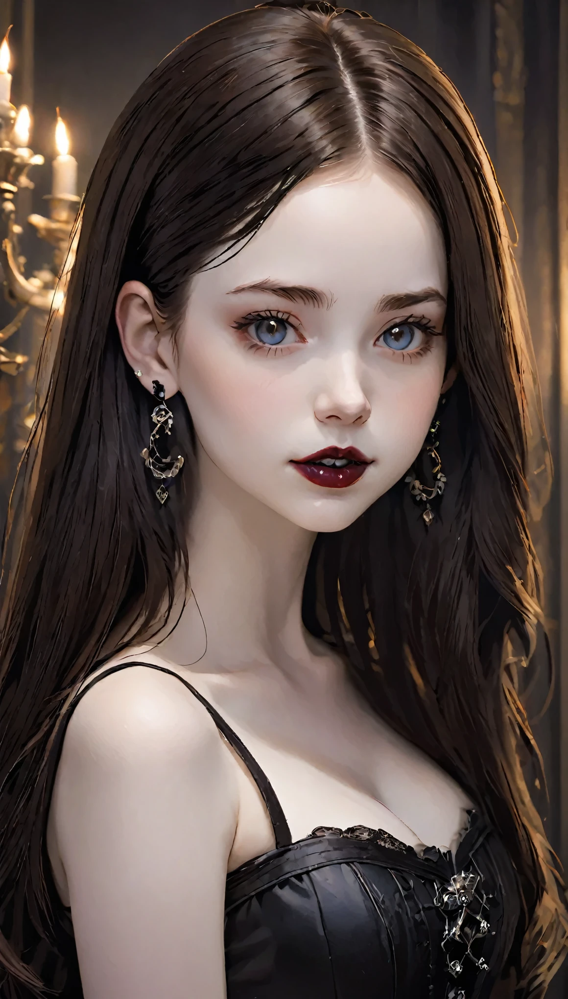 (masterpiece:1.2, highest quality), (Realistic, photoRealistic:1.4), No makeup, An ennui look、(Natural Side Lighting, Cinema Lighting),
Looking at the audience, Upper Body, (Front view), 1 girl, Perfect Face, Symmetrical cute face, Shiny skin, Baby Face, , (Very small breasts:1.3), (Wide Hips:1.2),Shortcuts,
Beautiful Hair, Beautiful Face, Beautiful and beautiful eyes, Beautiful body, Beautiful breasts, Beautiful thighs, Beautiful feet, Beautiful fingers,
(Beautiful views),(Cute Smile:1.3, Excellent), 14 years old,Pale skin,Woman in black corset and goth hair, 1 girl, alone, Brown Hair,Semi-long hair, ring,(earrings:1.5),(Punk Style:1.5),(Gothic Dress),(Black Lips:1.5),