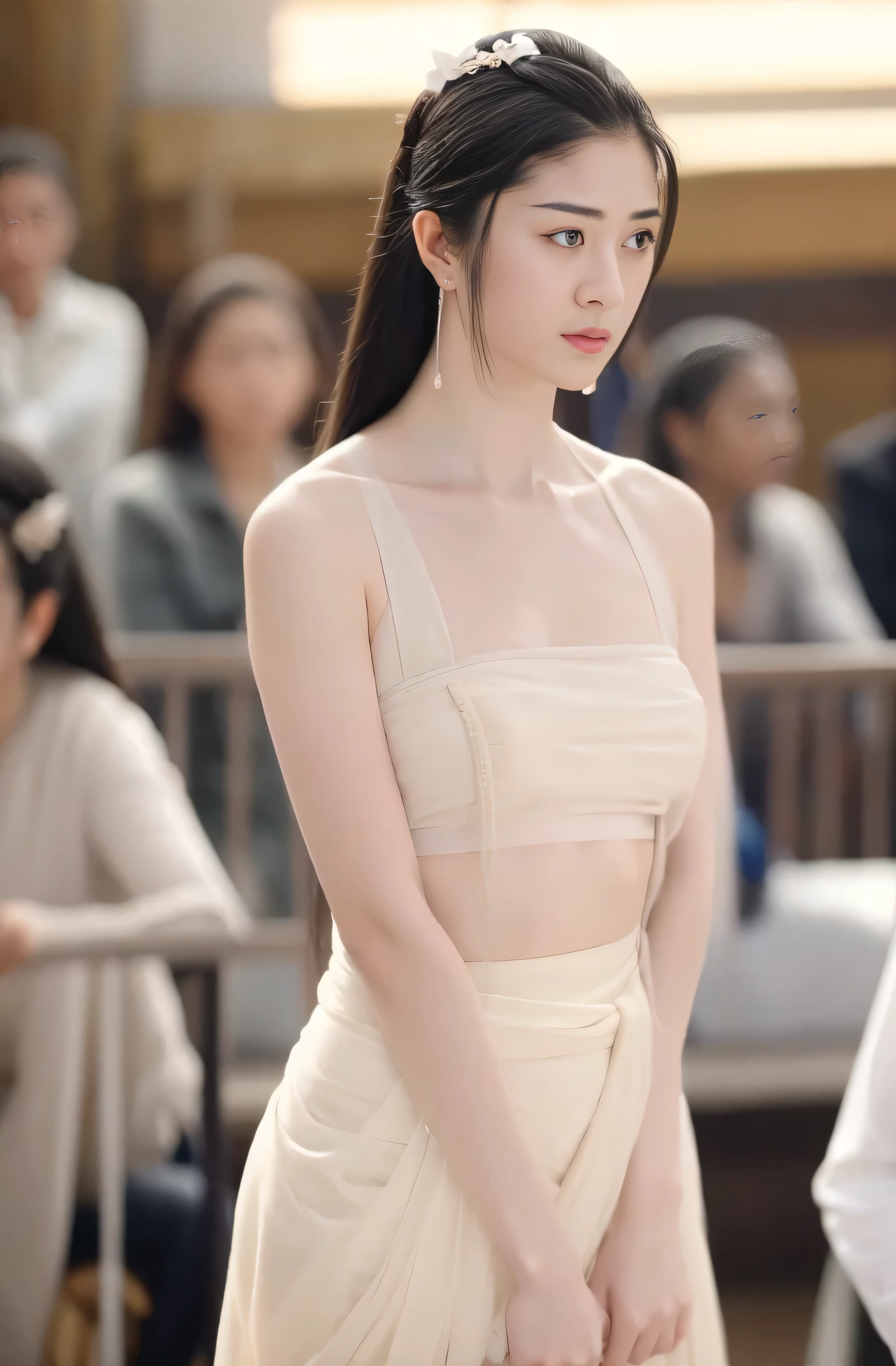 1 Girl,looking at the audience, Alone focus, Practical, Bare shoulders, Bare thighs,Bare neck,Silk skirt, Upper Body, Blurred Background