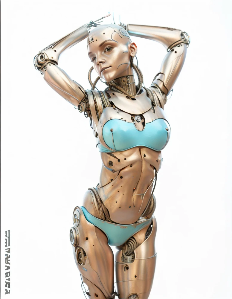 A bald cyborg Emma Watson, blue bikini, with loose wires, metallic skin, hoses, exposed torso, androidperson, mark brooks, david mann, robot brain, made of steel, hyperrealism, post-apocalyptic, mechanical parts, joints, mecha, j_sci-fi