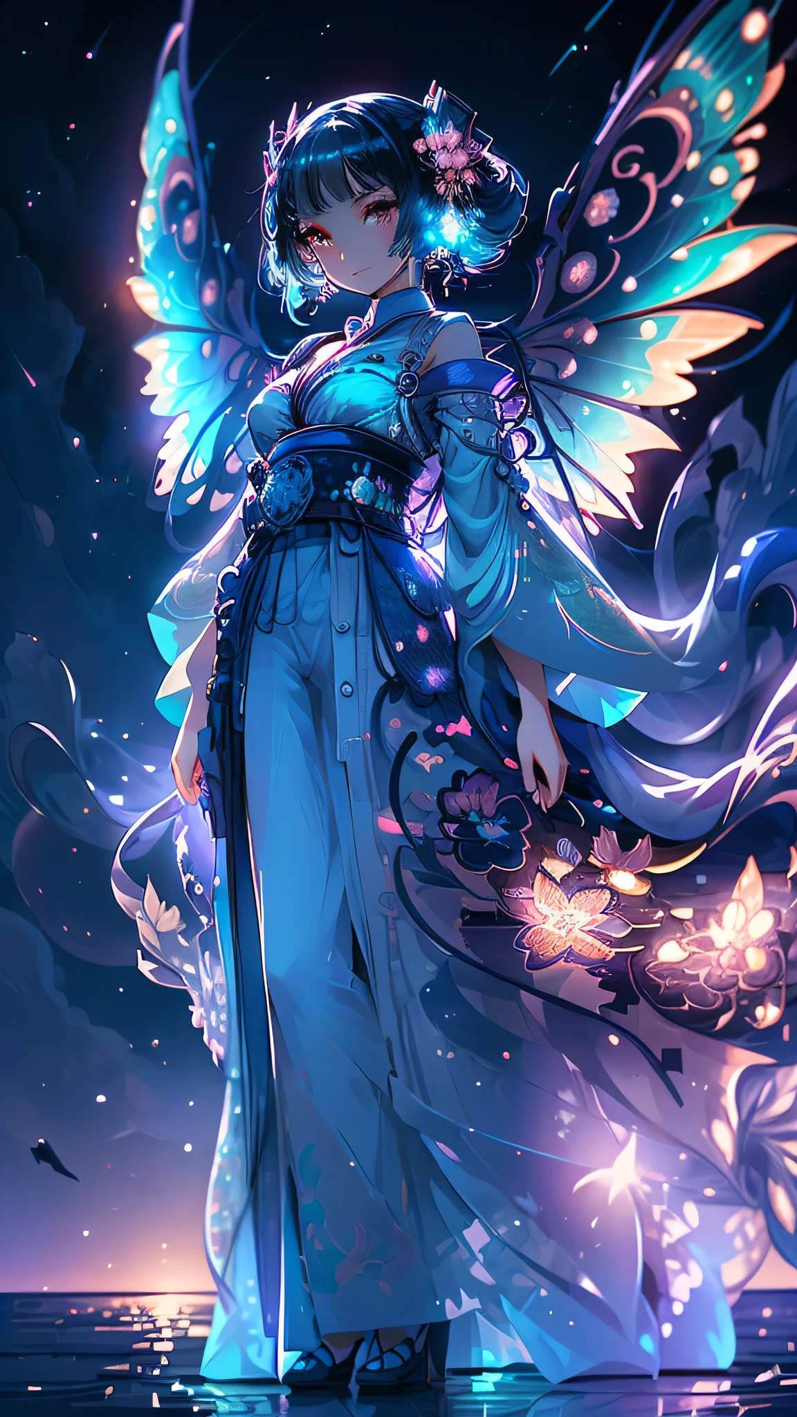 4K Anime-style Illustration: A Single Girl in a Stunning Nightscape
In the heart of a fantastical twilight, a radiant 18-year-old girl stands tall, her long sky-blue hair cascading like flowing tendrils against the backdrop of a clear, starlit night sky. With a captivating grin, she dons a vibrant yellow kimono, emblazoned with intricate patterns that shimmer under the glow of the crescent moon.
Her turquoise eyes sparkle with an inner light, as if holding the secrets of the universe, while delicate, diaphanous wings adorned with