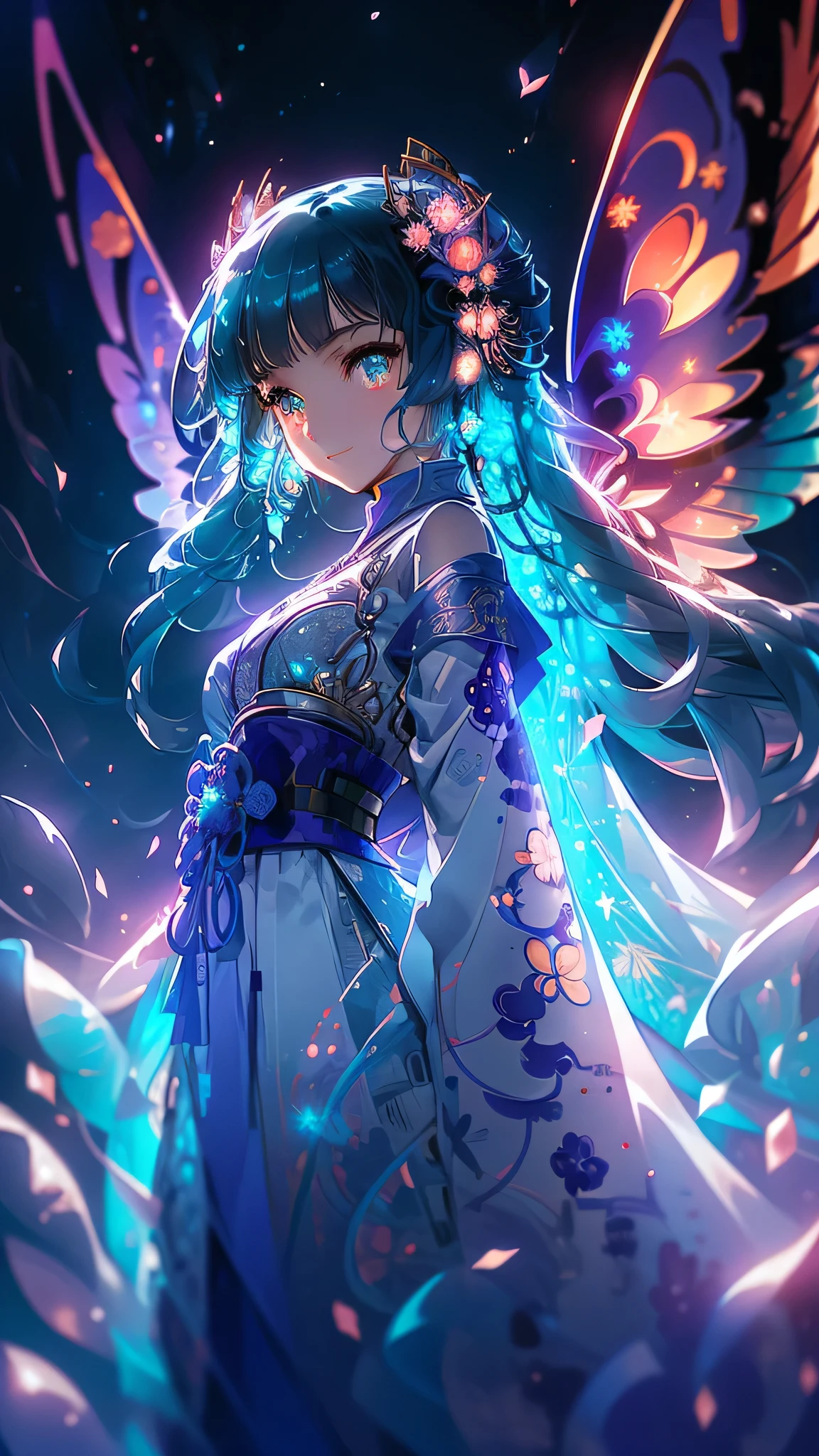 4K Anime-style Illustration: A Single Girl in a Stunning Nightscape
In the heart of a fantastical twilight, a radiant 18-year-old girl stands tall, her long sky-blue hair cascading like flowing tendrils against the backdrop of a clear, starlit night sky. With a captivating grin, she dons a vibrant yellow kimono, emblazoned with intricate patterns that shimmer under the glow of the crescent moon.
Her turquoise eyes sparkle with an inner light, as if holding the secrets of the universe, while delicate, diaphanous wings adorned with