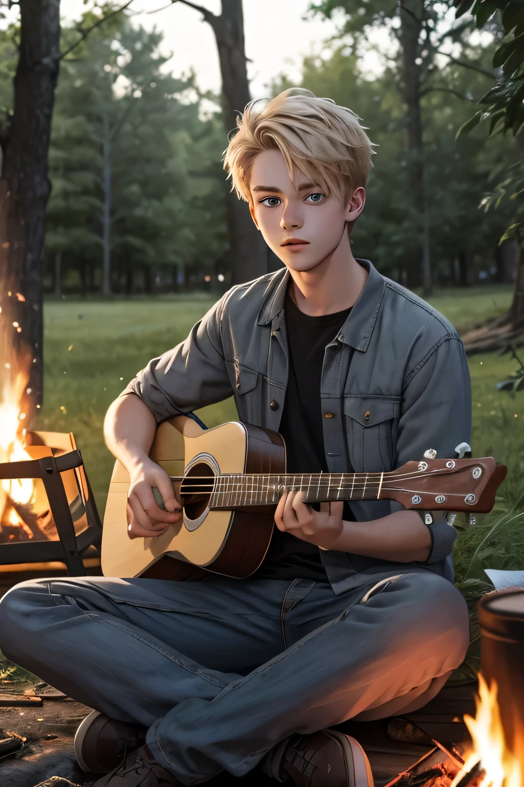 Create a british blond  male with grey Blue eyes beeinflusst completely high  on weed sitting next to a campfire playing ukulele