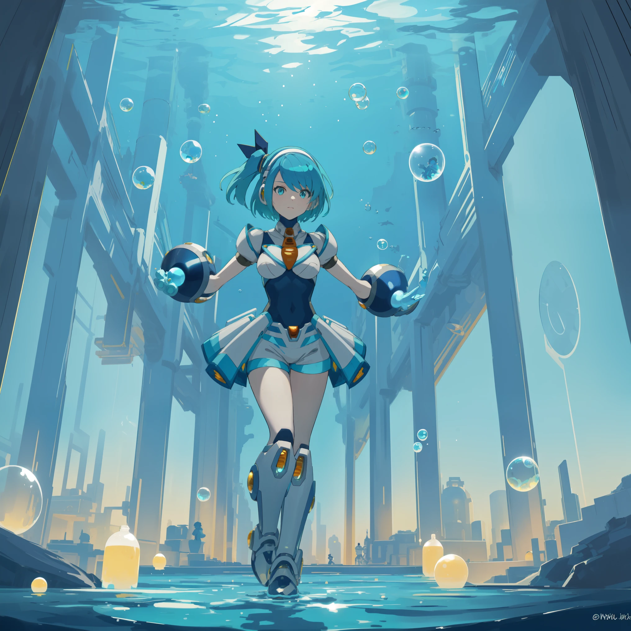 rico_megamanxdive, 1girl, solo, blue eyes, short hair, blue hair, android, high quality, masterpiece, standing in an underwater city with lots of bubbles, in the style of yuumei, intricate architectures, indigo, miniature illumination, daniel f. gerhartz