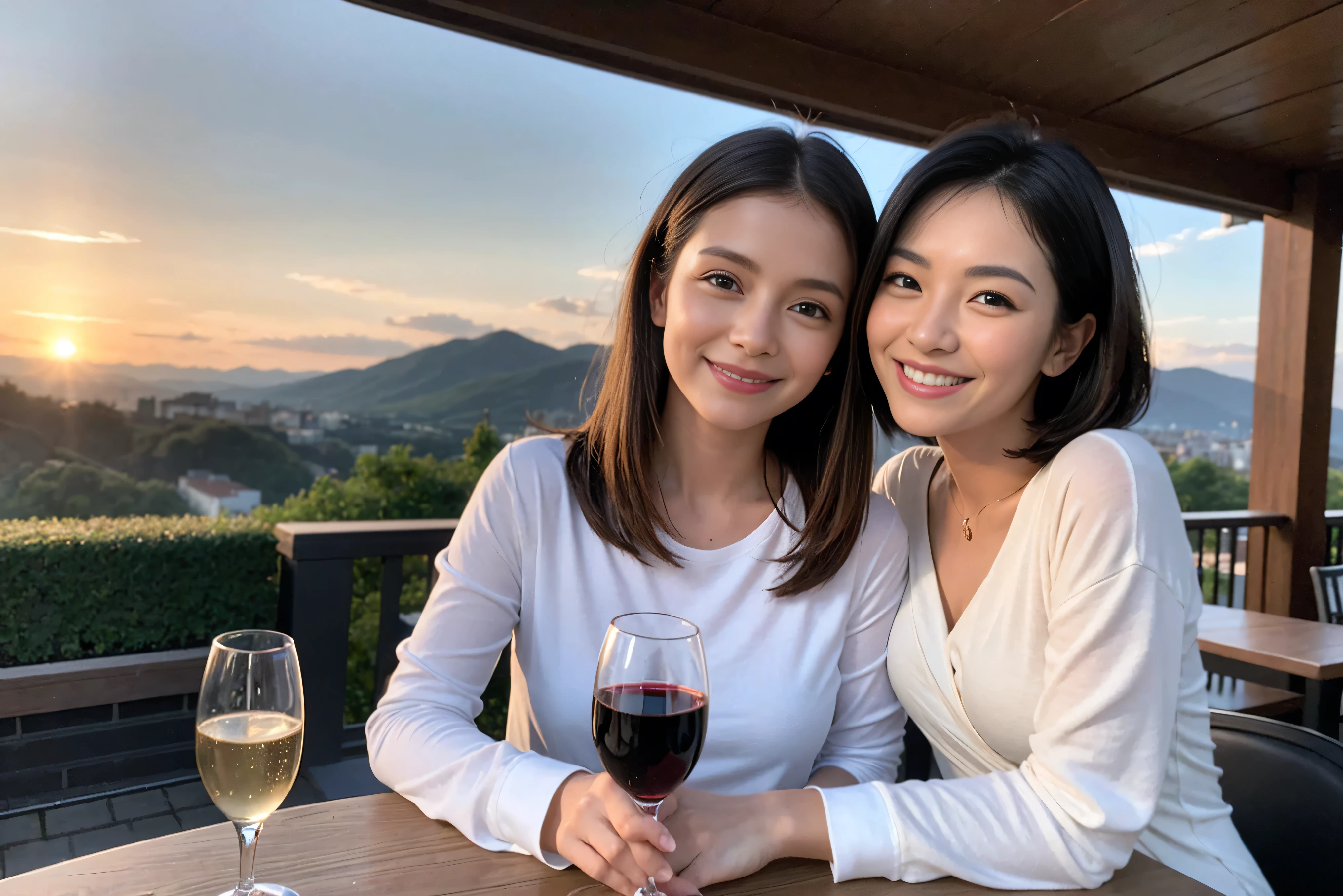 ((highest quality、8k、masterpiece:1.3))、1 male 1 female、Lovers、beautiful couple、Happy Smile、 (Slim face), (The body is スリム), (Brown Hair), (Shortcuts), ((Bob Hale、Straight hair:1.2)), Wine glass on the table、Please put light on my face、 Amazing view of the sunset sky and clouds、Amazing mountain views、The wonderfulness of smiles、Bright image、Blushing, Shortcuts,Bright Face、 (Age 35), 39 years old, red wine 、Appetizers、Italian food、Wine bottle、Champagne、sparkling wine、Long sleeve shirt、dress、Attractive beauty、restaurant, Nova Frog Style, actress, model, Upper Body, White wine, red wine, wine glass, 