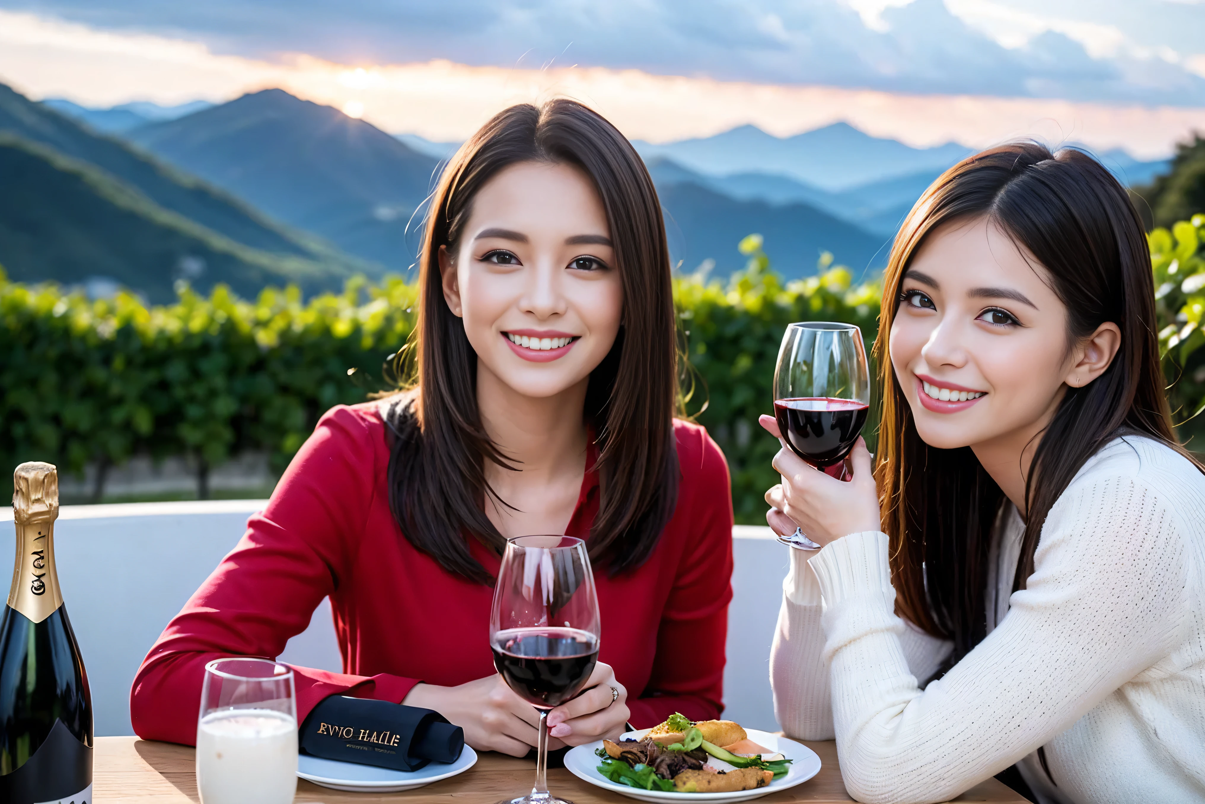 ((highest quality、8k、masterpiece:1.3))、1 male 1 female、Lovers、beautiful couple、Happy Smile、 (Slim face), (The body is スリム), (Brown Hair), (Shortcuts), ((Bob Hale、Straight hair:1.2)), Wine glass on the table、Please put light on my face、 Amazing view of the sunset sky and clouds、Amazing mountain views、The wonderfulness of smiles、Bright image、Blushing, Shortcuts,Bright Face、 (Age 35), 39 years old, red wine 、Appetizers、Italian food、Wine bottle、Champagne、sparkling wine、Long sleeve shirt、dress、Attractive beauty、restaurant, Nova Frog Style, actress, model, Upper Body, White wine, red wine, wine glass, 