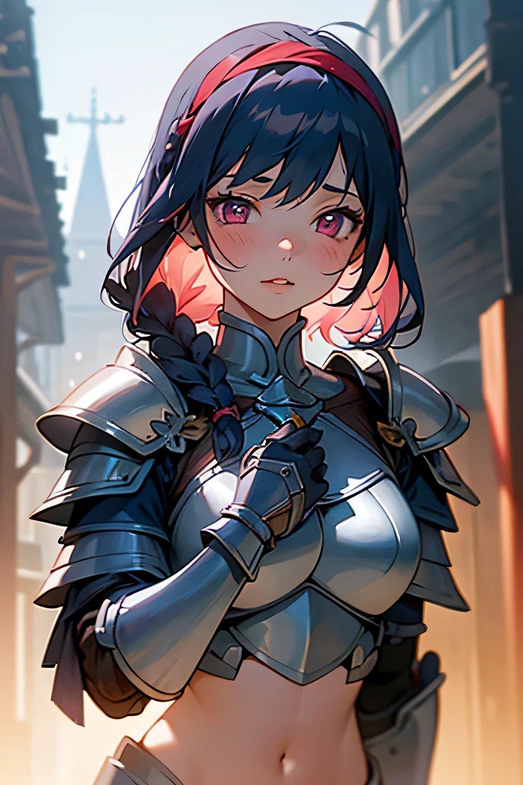 Lapisfe, One girl, alone, View Viewer, blush, bangs, gloves, Upper Body, Braiding, hair band, Outdoor, Lips parted, null, Day, Raise your hand, Pink Eyes, armor, wood, Covered navel, Blurred Background, Place your hand on your chest, shoulder armor, side Braiding, breastplate, red armor