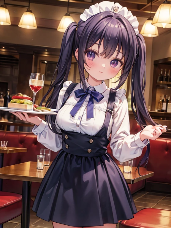 masterpiece, highest quality, Very detailed, 16k, Ultra-high resolution, Cowboy Shot, Detailed face, Perfect Fingers, 17-year-old female,  Inside the restaurant, Cute waitress outfit, table, Chair, Carry dishes