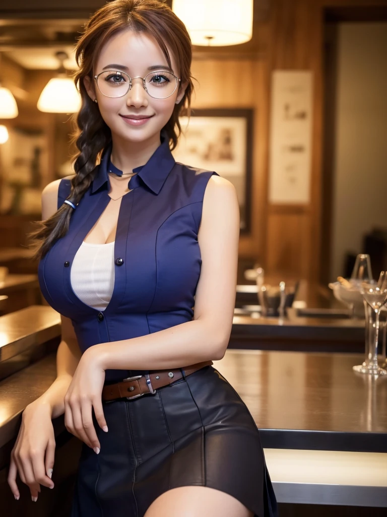 highest quality, masterpiece, High resolution, Photorealistic, RAW Photos, 8k wallpaper, perfection, Professional and bright lighting, Very detailed,(Big Breasts:1.3),(Tight waist),(Thin and beautiful legs), whole body, ((View your viewers)), Detailed face, Beautiful Eyes,smile,Braid,Sleeveless buttoned and collared shirt,Dark blue microskirt,An elegant pose,Three Women,Glasses,Izakaya,drinking party