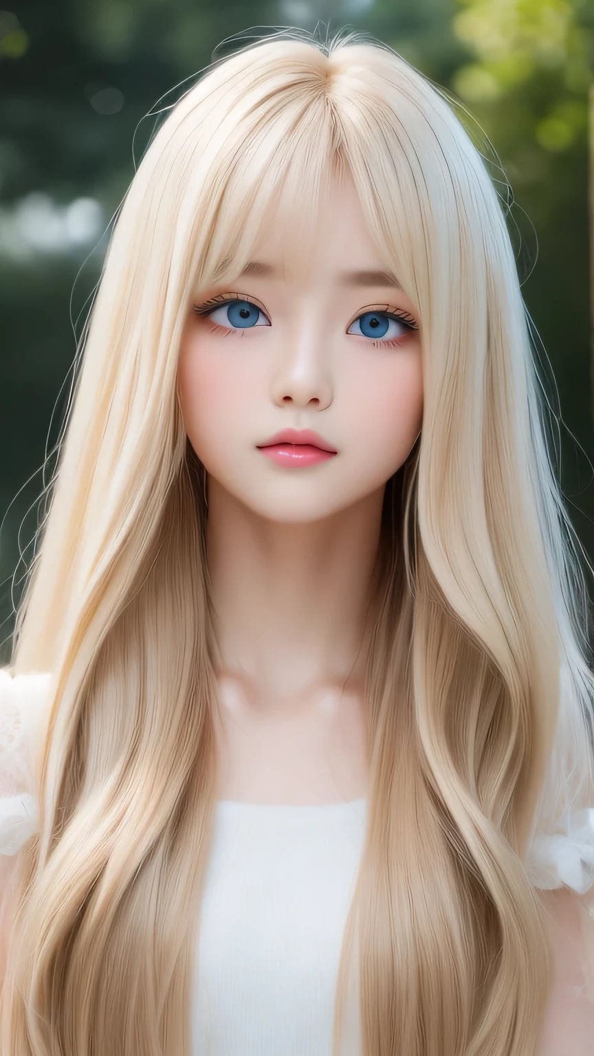 A perfectly beautiful face、Super long messy silky beautiful blonde、Beautiful cute girl 15 years old、Sexy and very beautiful cute face、Beautiful cute sexy bright pale sky blue big eyes、Long beautiful bangs、Very super long beautiful blonde shiny silky hair、Very white skin、Cheek gloss、Glossy Skin、eyeliner、A peerless beauty、Hair above the eyes、片Hair above the eyes、Hair between the eyes、