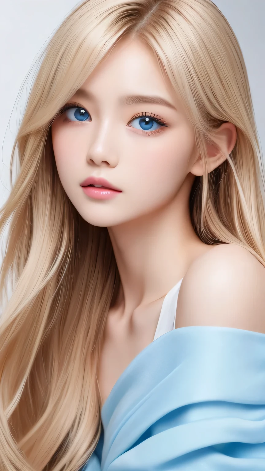 A perfectly beautiful face、Super long messy silky beautiful blonde、Beautiful cute girl 15 years old、Sexy and very beautiful cute face、Beautiful cute sexy bright pale sky blue big eyes、Long beautiful bangs、Very super long beautiful blonde shiny silky hair、Very white skin、Cheek gloss、Glossy Skin、eyeliner、A peerless beauty、Hair above the eyes、片Hair above the eyes、Hair between the eyes、
