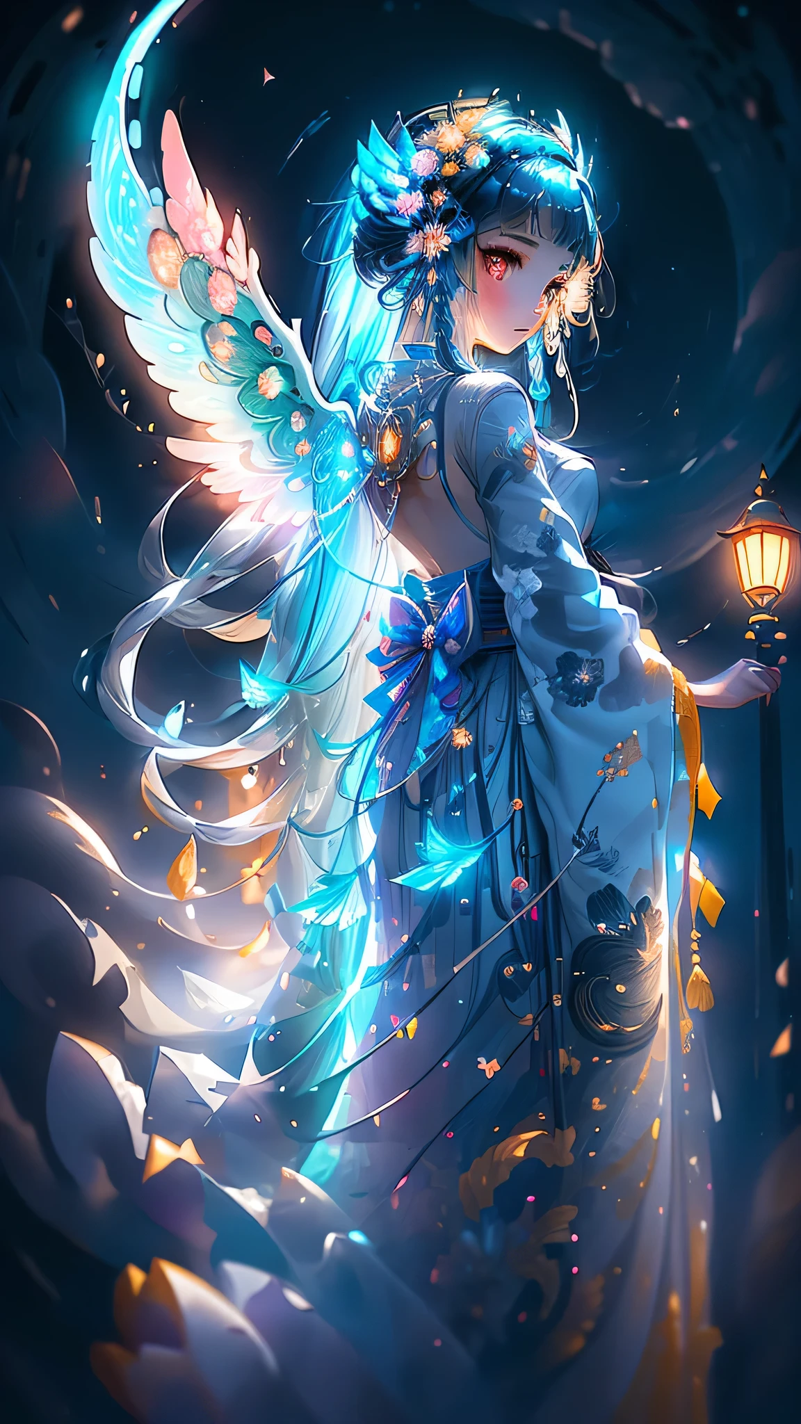 Title: "Empowered Dreams Under the Moon's Embrace"

Description: An 8K, high-resolution image captures a breathtaking scene of a young girl, adorned in a stunning yellow kimono, standing tall amidst the serene beauty of a fantastical landscape. Her long, flowing silver hair cascades down her back, reflecting the soft glow of the crescent moon, while her turquoise eyes sparkle with youthful exuberance. Wings of an angel gracefully extend from her back, casting shimmering shadows on the beautiful night sky.

The girl's face is an exquisite work of art, with extremely detailed