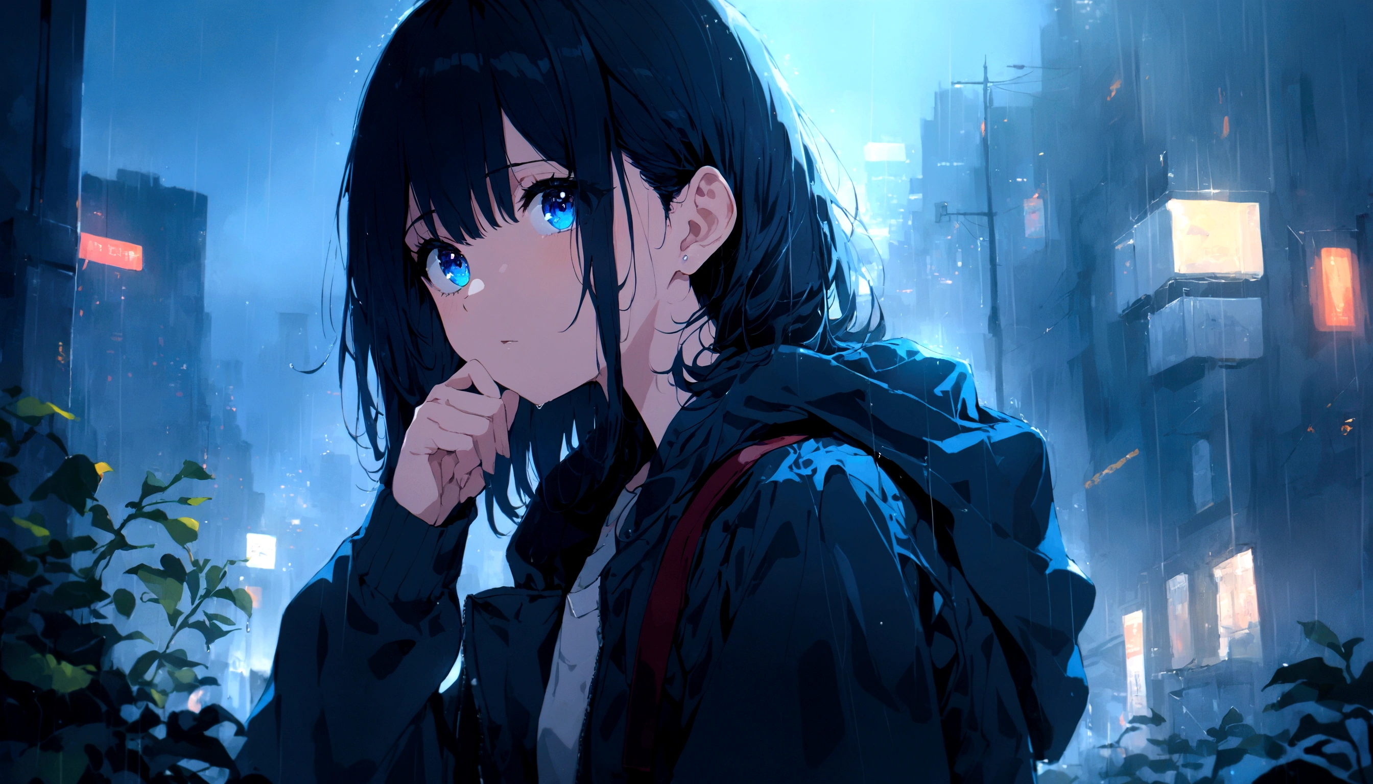 1girl, night, city background, masterpiece, hope eyes, thinking eyes, self-hope, rain, ultra detailed, 8k, 16k, detailed eyes, blue eyes
