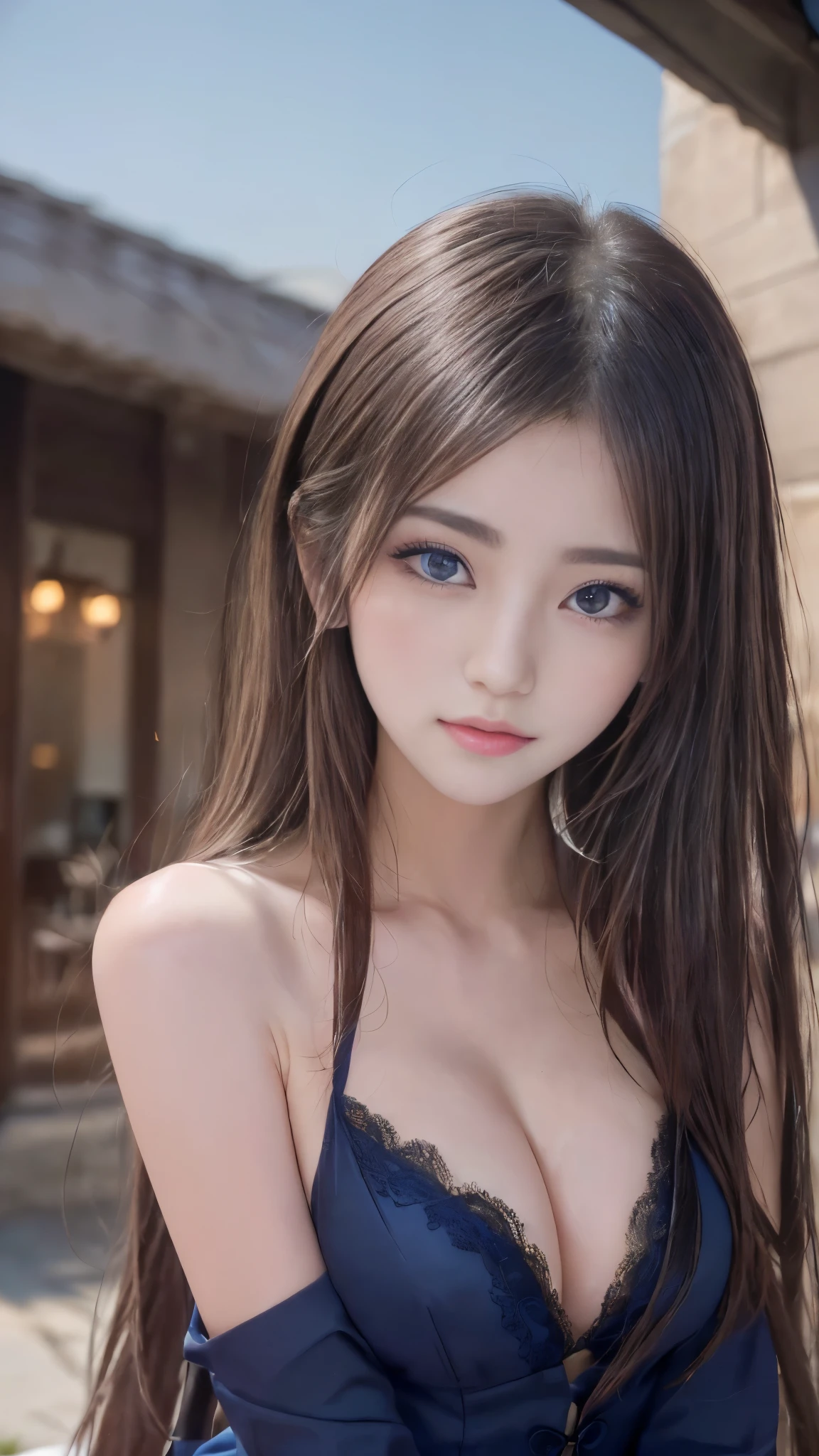 A girl with long hair and a backpack walking against the background of a beautiful night moon, ((from the front:1.4)), ((Perfect Style)), Smooth body, Cute girl anime visuals, ((Erotic cute costumes:1.3)), ((Beautiful school girl)), ((Smooth and lustrous brown hair)), (Captivating blue eyes, Long, clumpy eyelashes:1.3), (Beautiful small face), high nose, (Moisturizing lips:1.2), (Large Breasts, Cleavage:1.2), (Focus on the chest:1.3), (Detailed hair quality:1.2), (Detailed eyes and face:1.3), (Detailed hands:1.3), (Perfect Anatomy:1.2), (highest quality, 8K, masterpiece:1.2), Slender body line, Small and slender figure, (View Viewer:1.2, blush:1.2), ultra high resolution, Ultra-detailed