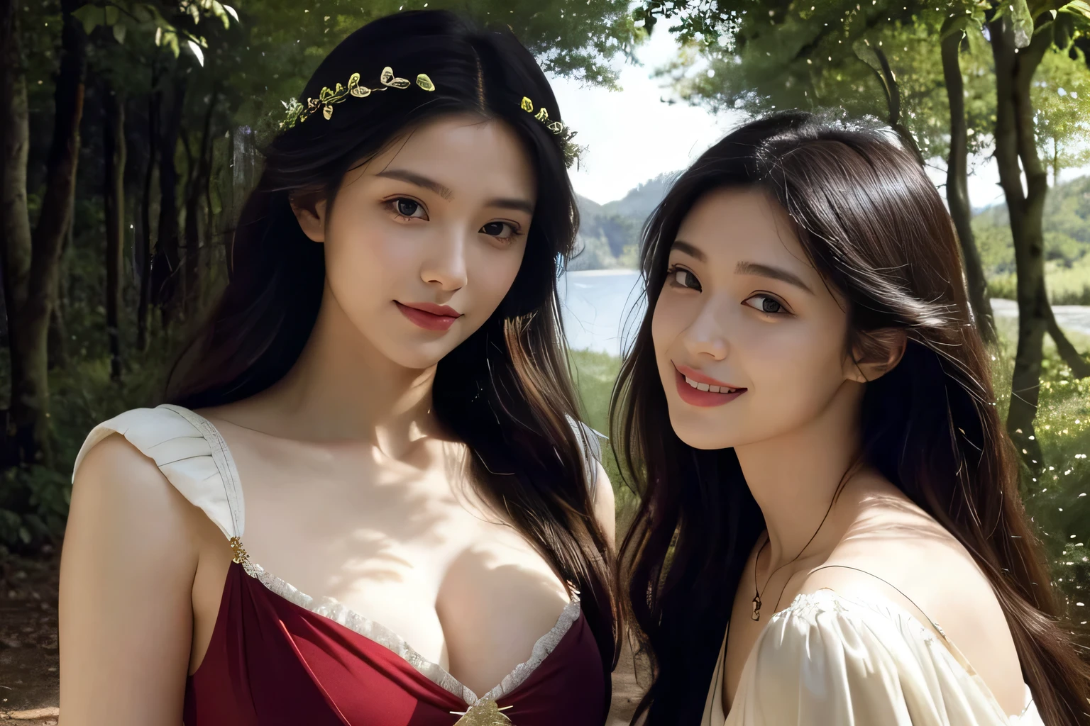 Giorgione painting style,Barbizon forest A beautiful woman in Greek dress smiles on the shore,Sweet and seductive appearance.、Caravaggio's paintings、Chiaroscuro of Caravaggio、hair tousled by the wind,Two women frolicking,cute smile, expression of ecstasy,Sexy,erotic, full body portrait