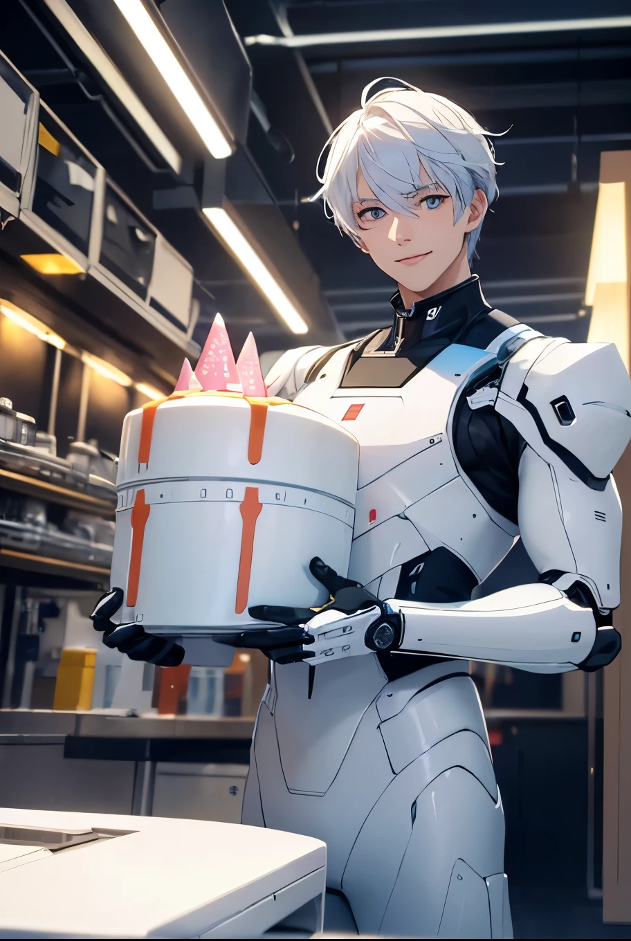 masterpiece, best quality, Solo Boy双手捧着一个巨大的生日蛋糕…, Boy holding a huge birthday cake in his hands,hands only, Solo Boy, Charming smile, white hair, blue, Delicate face, 8k resolution, Handsome face, (((White Android body, Mechanical Parts))), Inside the laboratory, (Charming smile),(Neon, Vibrant light, dynamic color, sharp contrast, Futuristic atmosphere,Electricity,Shiny reflective surface), Cowboy shooting, looking at the audience, Standing in the forefront, Upper Body