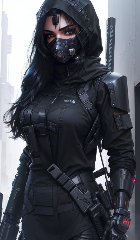 Arabian woman in black clothes wearing a mask and holding a gun, All-black cyberpunk outfit, Wearing technical clothing and armour, Photos of women in techwear, dystopian scifi outfit, Dark Natasha, Wearing black body armor, female assassin with, Cyberpunk Costume, futuristic techwear, Wearing stealth armor, Black Armor, Cyberpunk girl with jet black hair, Goth Ninja