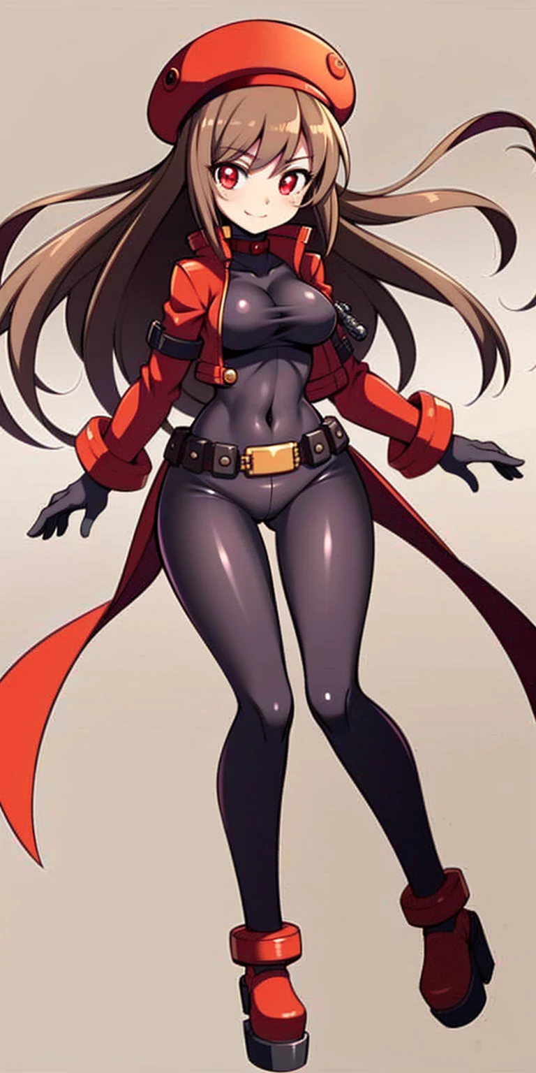 (Best quality, complete body, good anatomy, anime style) Rapi(Nikke), red eyes, light brown hair, long hair, smile, looking at you, black bodysuit, red jacket, red militar belt, black and red beret, red platform boots, no background