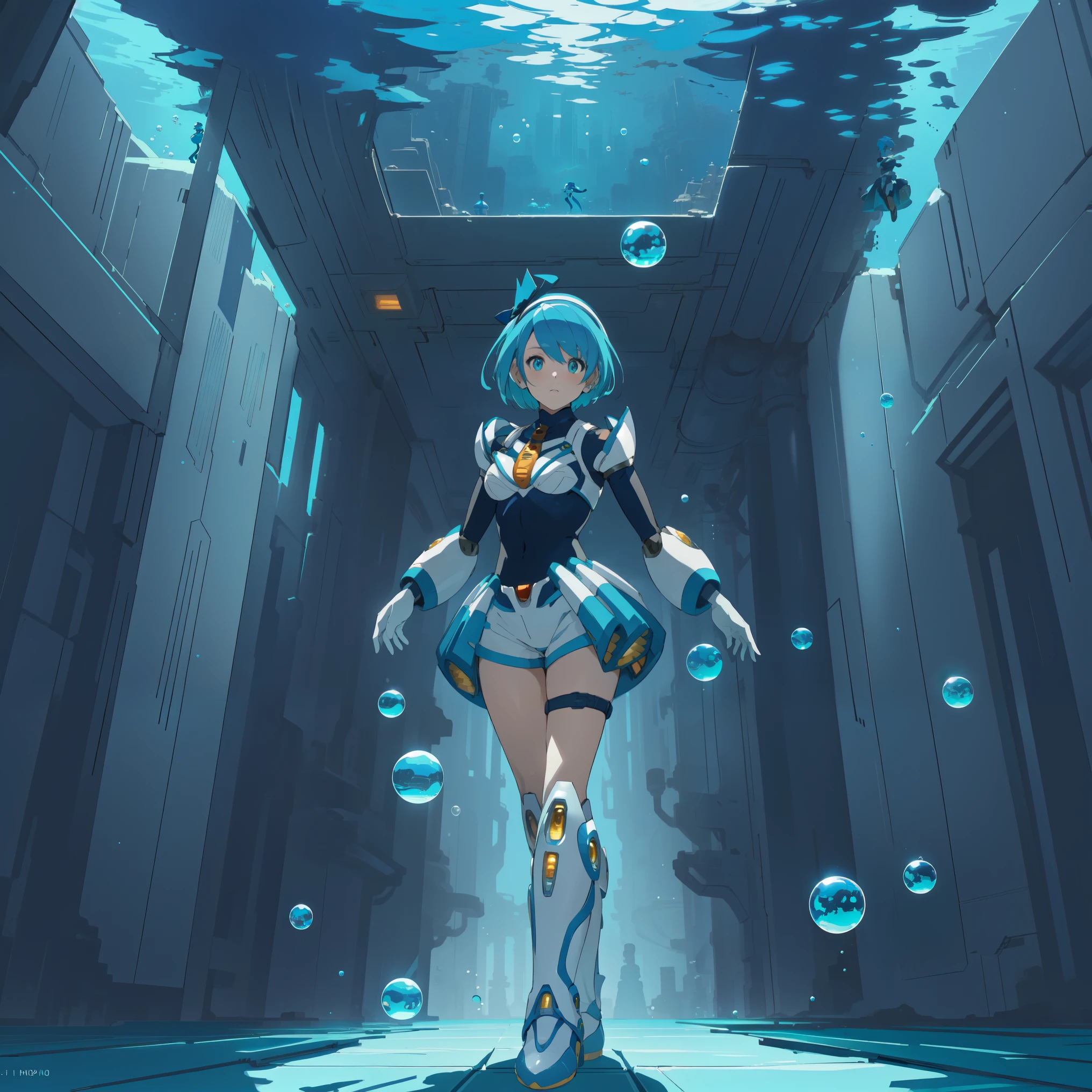 rico_megamanxdive, 1girl, solo, blue eyes, short hair, blue hair, android, high quality, masterpiece, standing in an underwater city with lots of bubbles, in the style of yuumei, intricate architectures, indigo, miniature illumination, daniel f. gerhartz