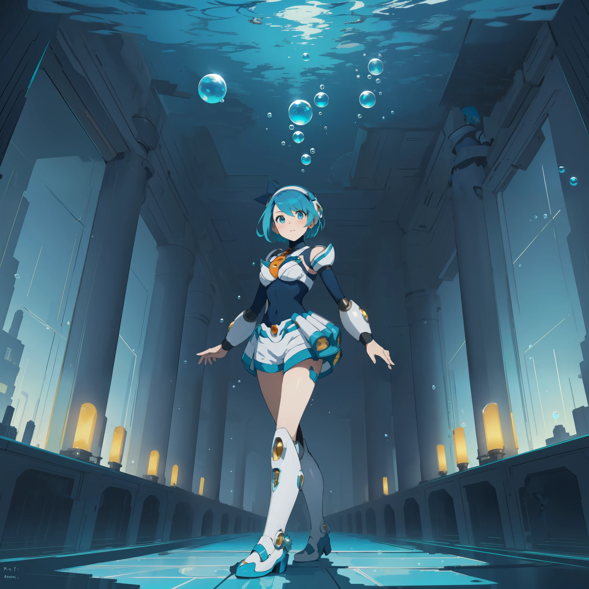 rico_megamanxdive, 1girl, solo, blue eyes, short hair, blue hair, android, high quality, masterpiece, standing in an underwater city with lots of bubbles, in the style of yuumei, intricate architectures, indigo, miniature illumination, daniel f. gerhartz