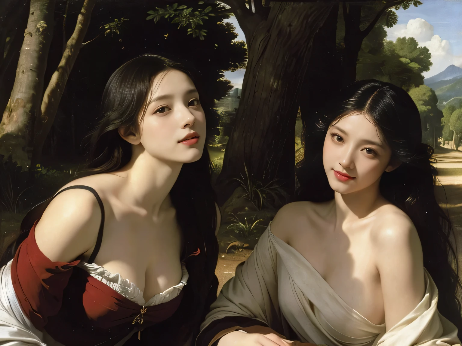 Giorgione painting style,Barbizon forest A beautiful woman in Greek dress smiles on the shore,Sweet and seductive appearance.、Caravaggio's paintings、Chiaroscuro of Caravaggio、hair tousled by the wind,Two women frolicking,cute smile, expression of ecstasy,Sexy,erotic, full body portrait