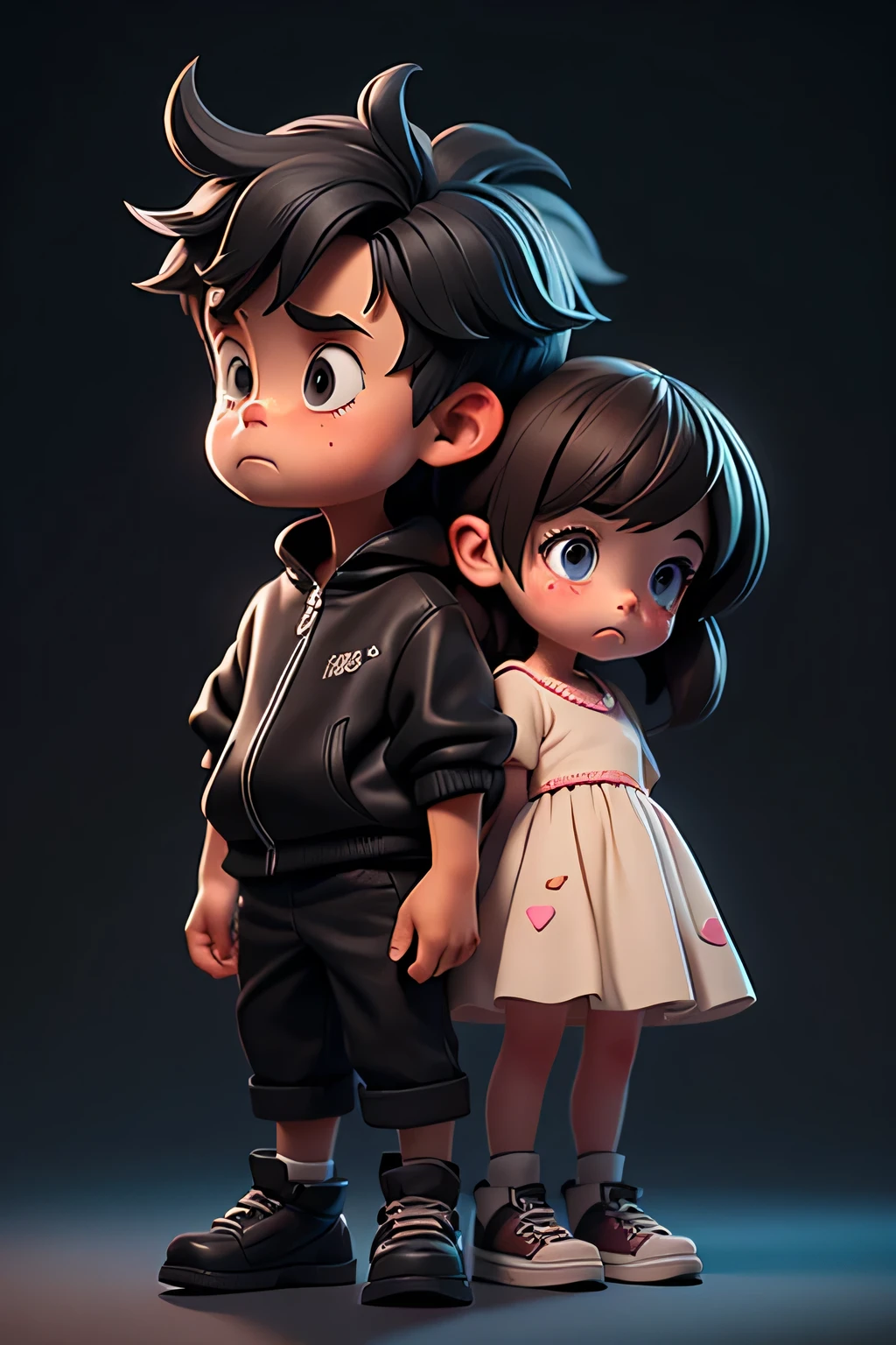 Create an image of a boy and girl with sad faces of the same size suffering from violence, animated design, dark black background