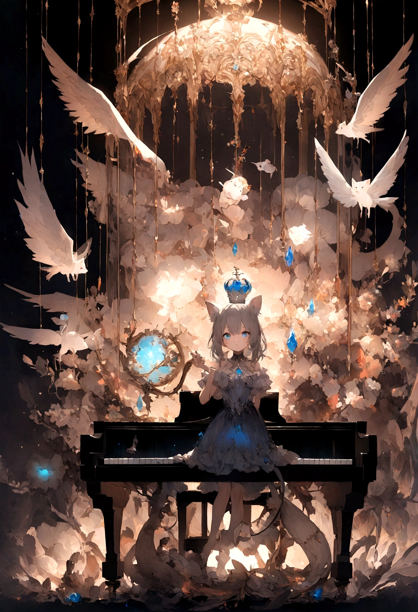 cute、、Young Girl、12age、Flying、Your eyes are bright and beautiful、whole body、Gray Hair、White cat ears、Cat's Tail、Beautiful blue eyes、White Crown、白いgem、piano、White Vampire Wings、Rin々Funny face、beautiful、Black Moon、Lots of blue light、universe、Fantasy,Lots of light、gem、magic、AmbiLight,色彩はvividで明るい,Black background,haze,Detailed depiction,Rich details,Explosion of imagination,Very bright、vivid、Surreal,Ultra-realistic,masterpiece,8k,Light,Tyndall effect