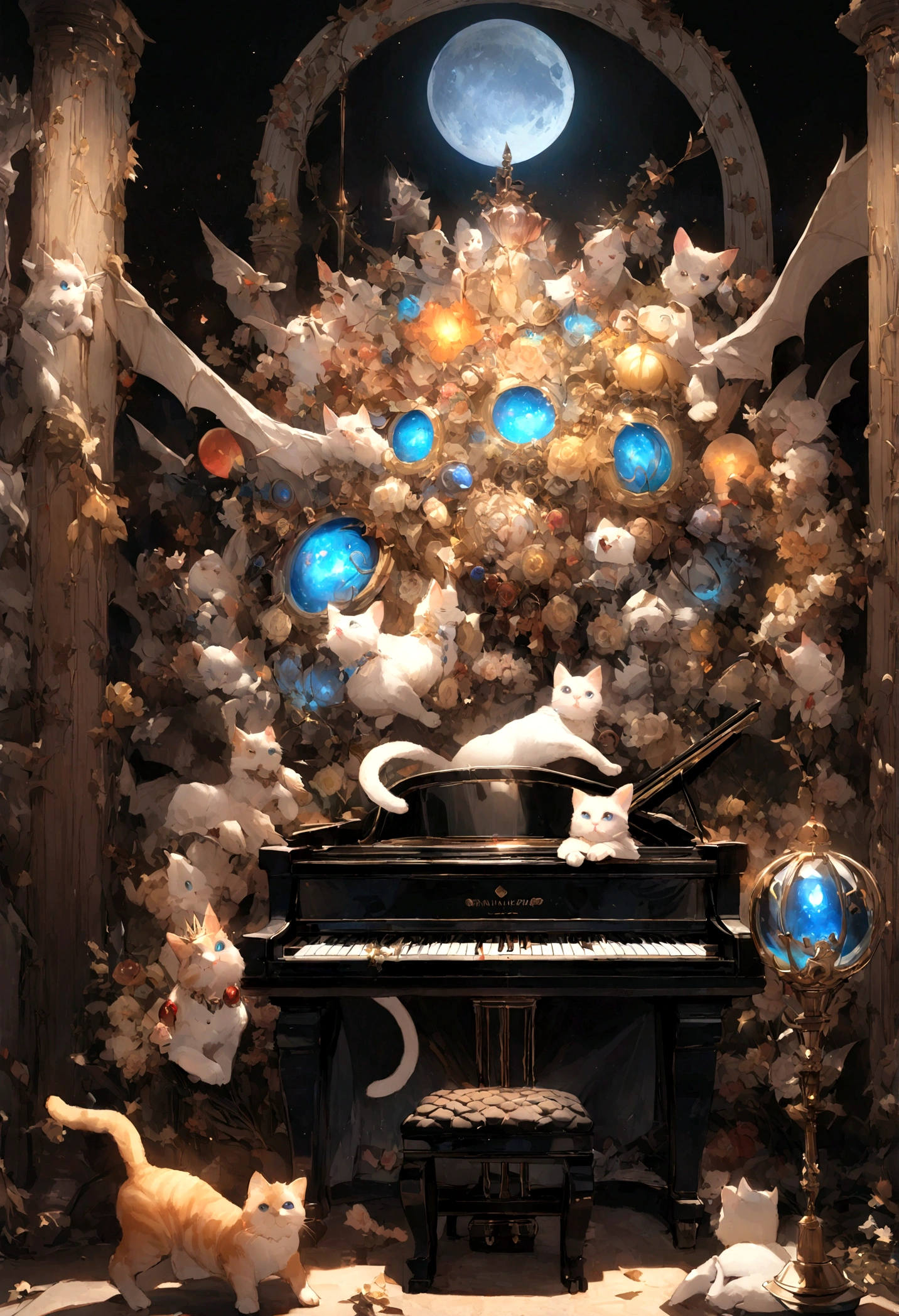 cute、、Young Girl、12age、Flying、Your eyes are bright and beautiful、whole body、Gray Hair、White cat ears、Cat's Tail、Beautiful blue eyes、White Crown、白いgem、piano、White Vampire Wings、Rin々Funny face、beautiful、Black Moon、Lots of blue light、universe、Fantasy,Lots of light、gem、magic、AmbiLight,色彩はvividで明るい,Black background,haze,Detailed depiction,Rich details,Explosion of imagination,Very bright、vivid、Surreal,Ultra-realistic,masterpiece,8k,Light,Tyndall effect