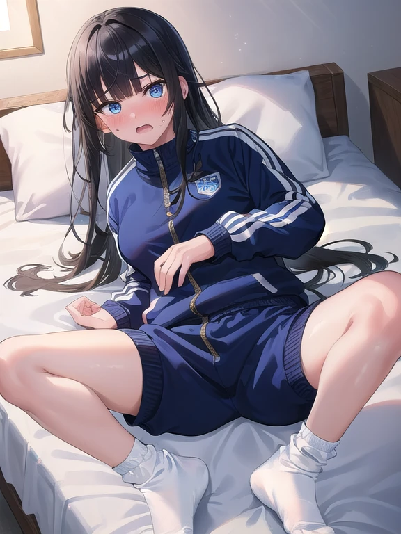 (masterpiece:1.3), (Absurd:1.3), (highest quality:1.3), The Hands of Guido Daniele, (Very detailed:1.3), (Best Shadow:0.7), (Processed Hair), One girl, alone, S1, aizawa ema, , (medium Breasts:1.0), (pregnant:0.8), (thick thighs:0.4), (black hair:1.4), Asymmetrical bangs, Blunt bangs, blue eyes, (blue tracksuit:1.4), no bra, (nipple shape:1.0), (white socks:1.4), cute face, panic face, (embarrassed:1.1), in the bed room, on the bed, co-sleeping,