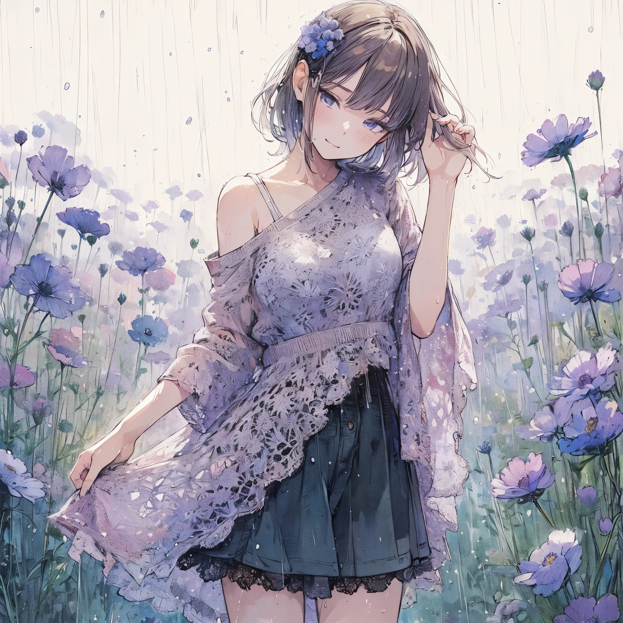 Official art using high-quality hand-drawn watercolor sketch techniques. (best quality,4k,8k,highres,masterpiece:1.2),ultra-detailed,beautiful detailed gray eyes,A girl with beautiful eyes, everyone, beautiful anime girl, cute anime girl, smooth anime art, anime style, elegant colors, soft lighting, delicate beautiful wet eyes, very coquettish, (beautiful large breast:1.2), (correct hands:1.2),