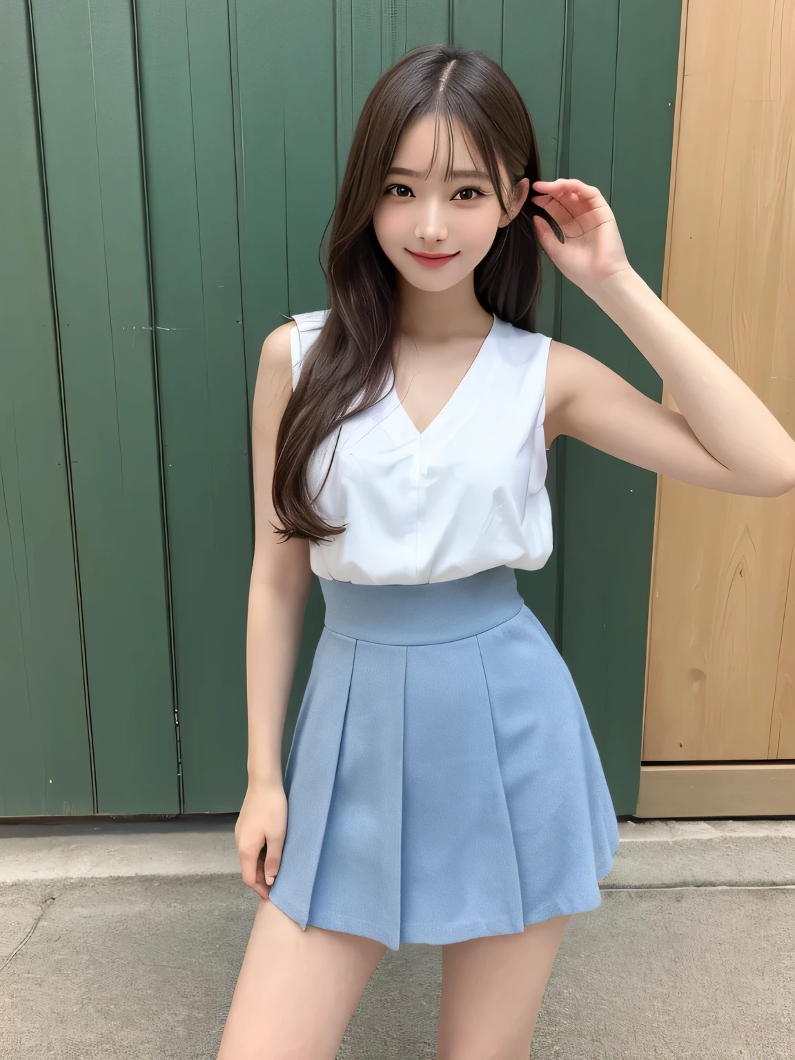 In detail,Full body photo、Blonde、 One high school girl、High resolution, high quality、Slim body、Perfect dynamic composition, Beautiful fine details, Blonde short hair、Natural color lip,Kamimei、13-year-old girl、Clear Skin、Sleeveless white sailor suit、Green mini skirt、Thighs、Shiny Hair、最high quality, figure, Very detailed, In detail, High resolution, 8k、The correct state of the human body、Sculpture model pose，Blue Wall,View your viewers、Thighs are visible、smile、