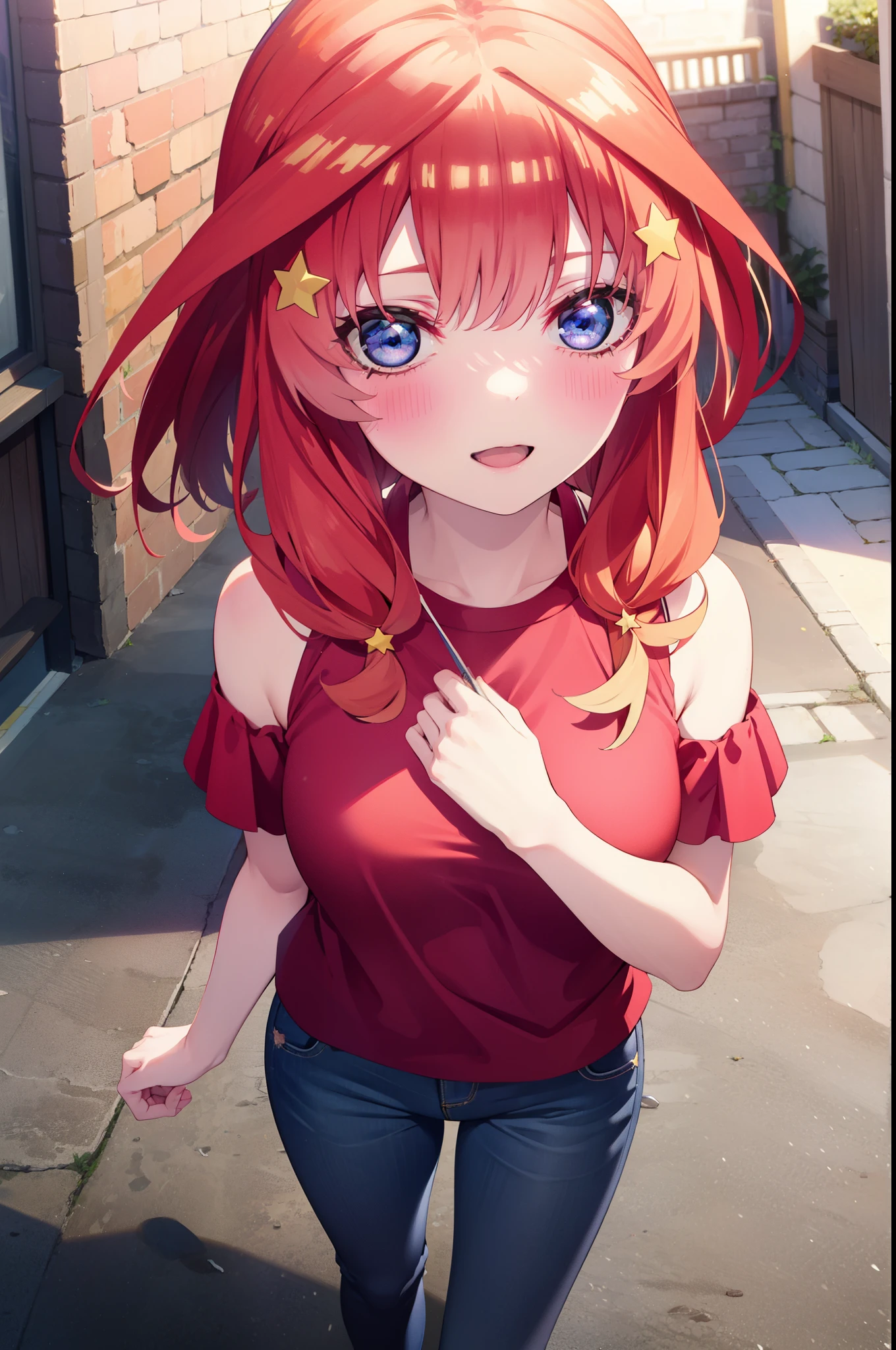 itsukinakano, Itsuki Nakano, bangs, blue eyes, Hair between the eyes, Ahoge, Redhead, star \(symbol\), hair ornaments, star hair ornaments,smile,blush,Open your mouth,,Cold shoulder tops,Skinny jeans,Short sleeve,Stiletto heels,night,Walking,moon,whole bodyがイラストに入るように,Looking down from above,
break outdoors, In town,Building district,
break looking at viewer, whole body,
break (masterpiece:1.2), highest quality, High resolution, unity 8k wallpaper, (figure:0.8), (Beautiful fine details:1.6), Highly detailed face, Perfect lighting, Highly detailed CG, (Perfect hands, Perfect Anatomy),