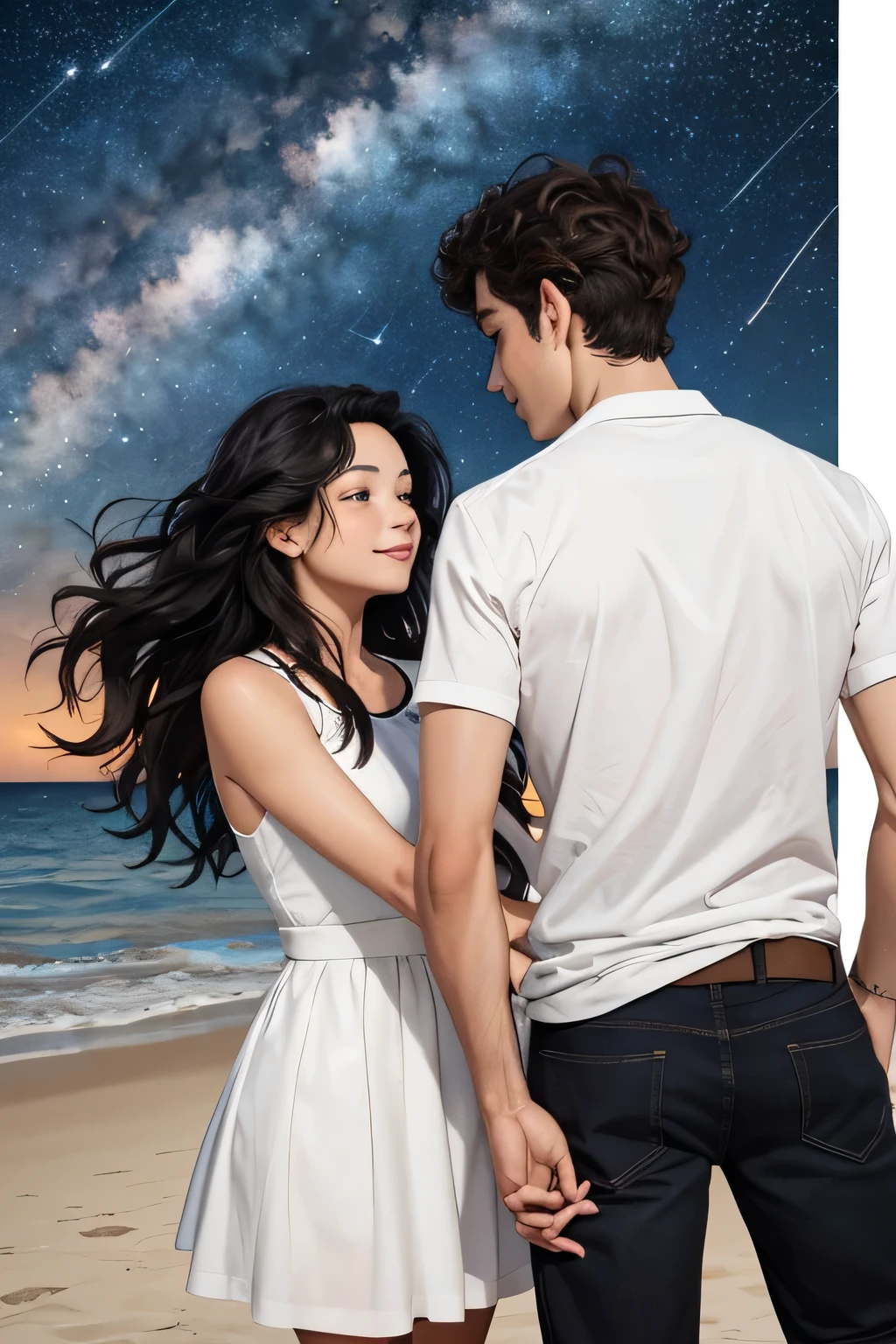 “Painting of two lovers their first anniversary. They are looking at the shooting stars at the beach. The girl has long wavy black hair and the boy has medium-short brown curly hair, black and white coloring page