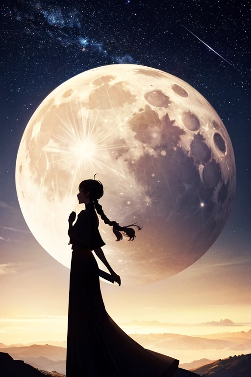 highest quality,Big moon and shadow,A silhouette of a person can be seen against the backdrop of a large moon.,There is one full moon,There is a mood,Beautiful scenery,Starry Sky