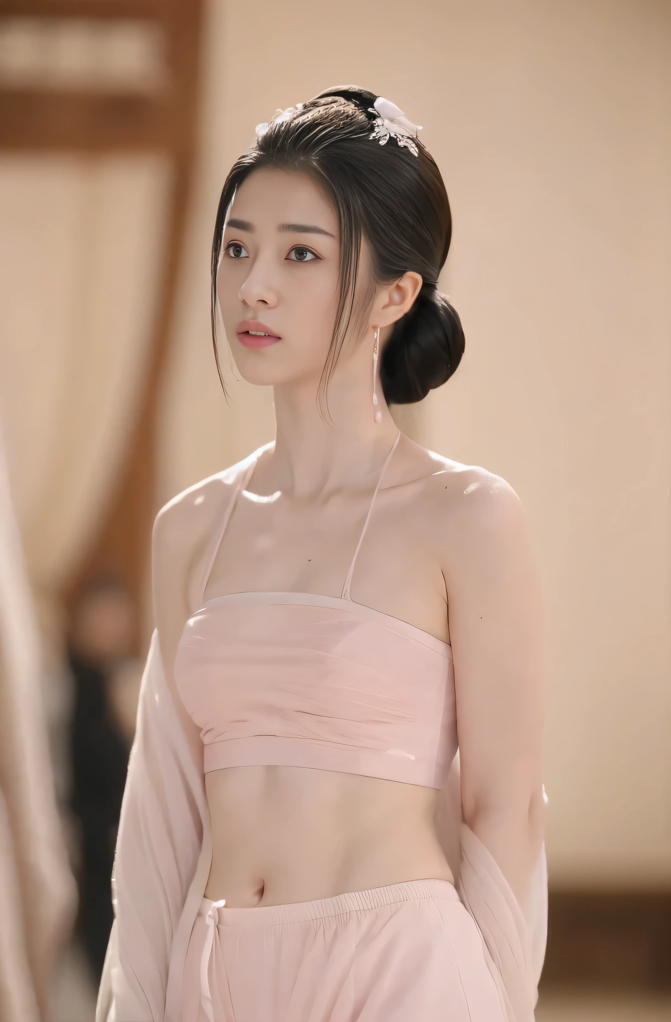 1 Girl,looking at the audience, Alone focus, Practical, Bare shoulders, Bare thighs，Bare neck，Pink silk underwear, Upper Body, Blurred Background