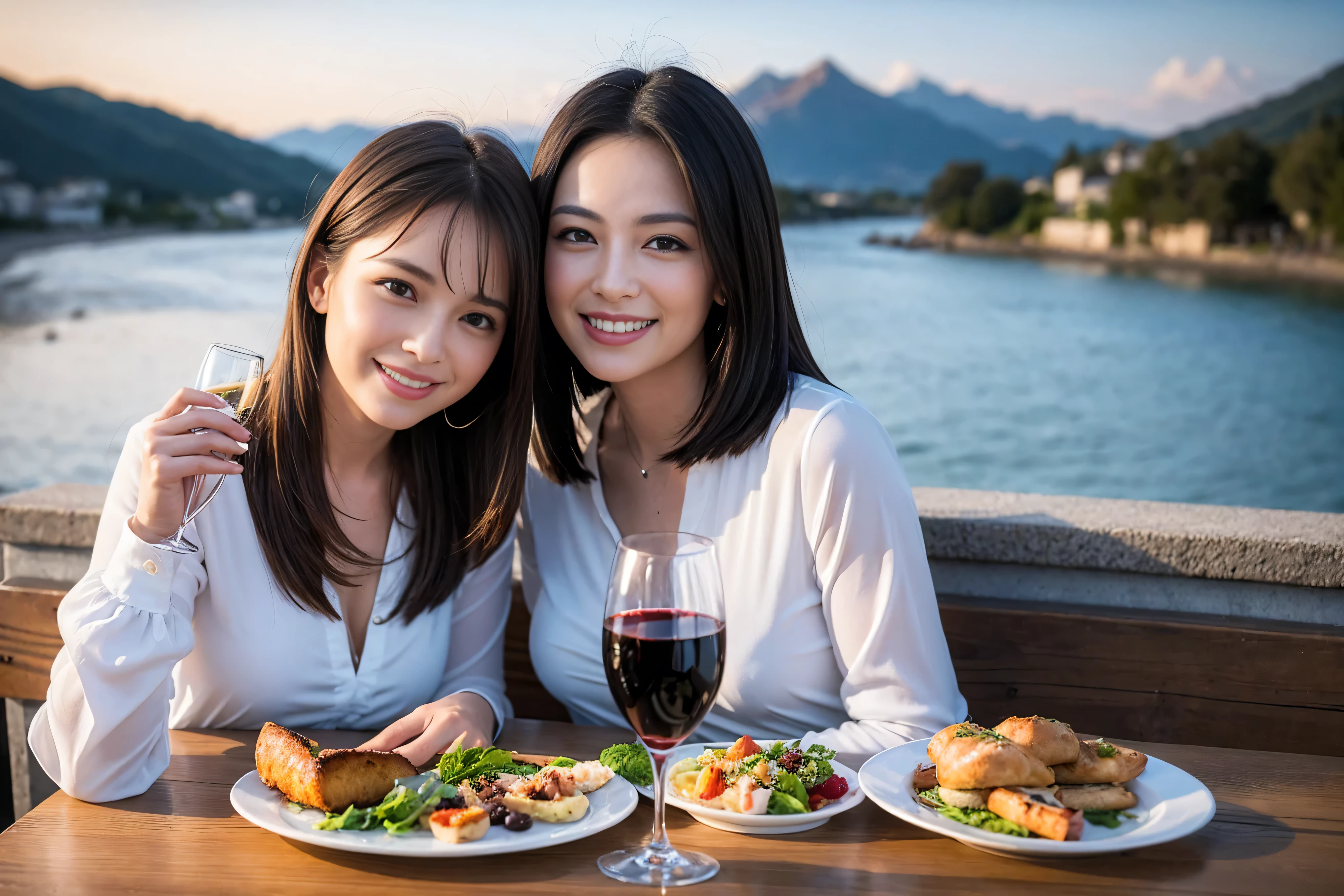 ((highest quality、8k、masterpiece:1.3))、1 male 1 female、Lovers、beautiful couple、Happy Smile、 (Slim face), (The body is スリム), (Brown Hair), (Shortcuts), ((Bob Hale、Straight hair:1.2)), Wine glass on the table、Please put light on my face、 Amazing view of the sunset sky and clouds、Amazing mountain views、The wonderfulness of smiles、Bright image、Blushing, Shortcuts,Bright Face、 (Age 35), 39 years old, red wine 、Appetizers、Italian food、Wine bottle、Champagne、sparkling wine、Long sleeve shirt、dress、Attractive beauty、restaurant, Nova Frog Style, actress, model, Upper Body, White wine, red wine, wine glass, 
