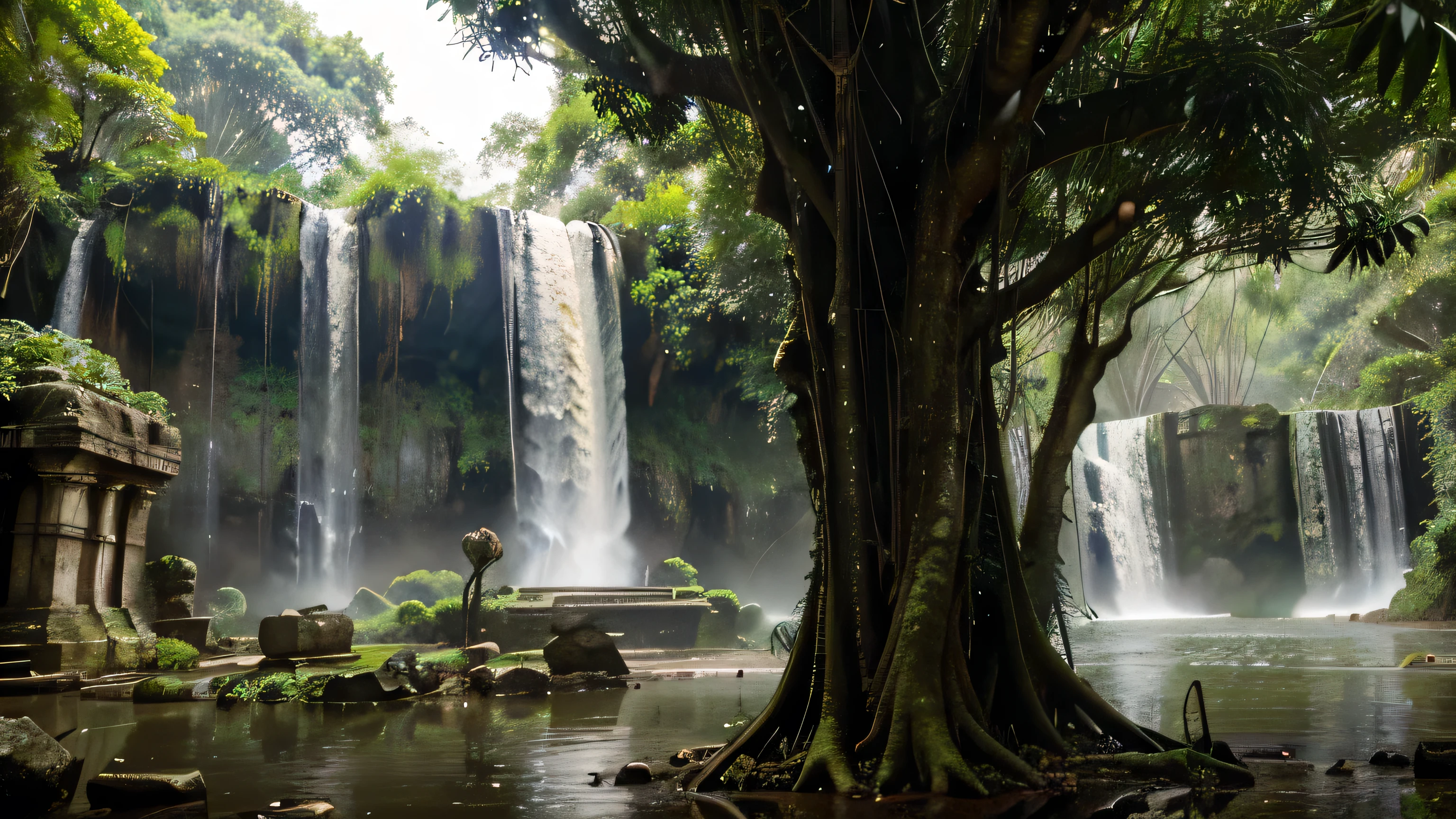 Damp Jungle、、waterfall、banyan tree、Egyptian ancient ruins、Hanging Garden、mysterious、Egyptian Buddha Statue