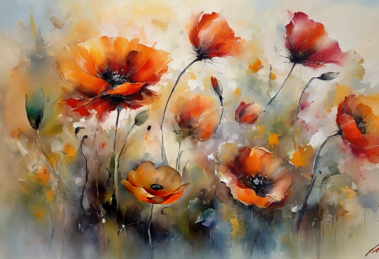 ((materpiece)), ((best quality)), ((high-res)), ((Ink wash)), ((artist)), ((extremly details)), ((impasto painting)), beautiful poppies flowers, pastel colors