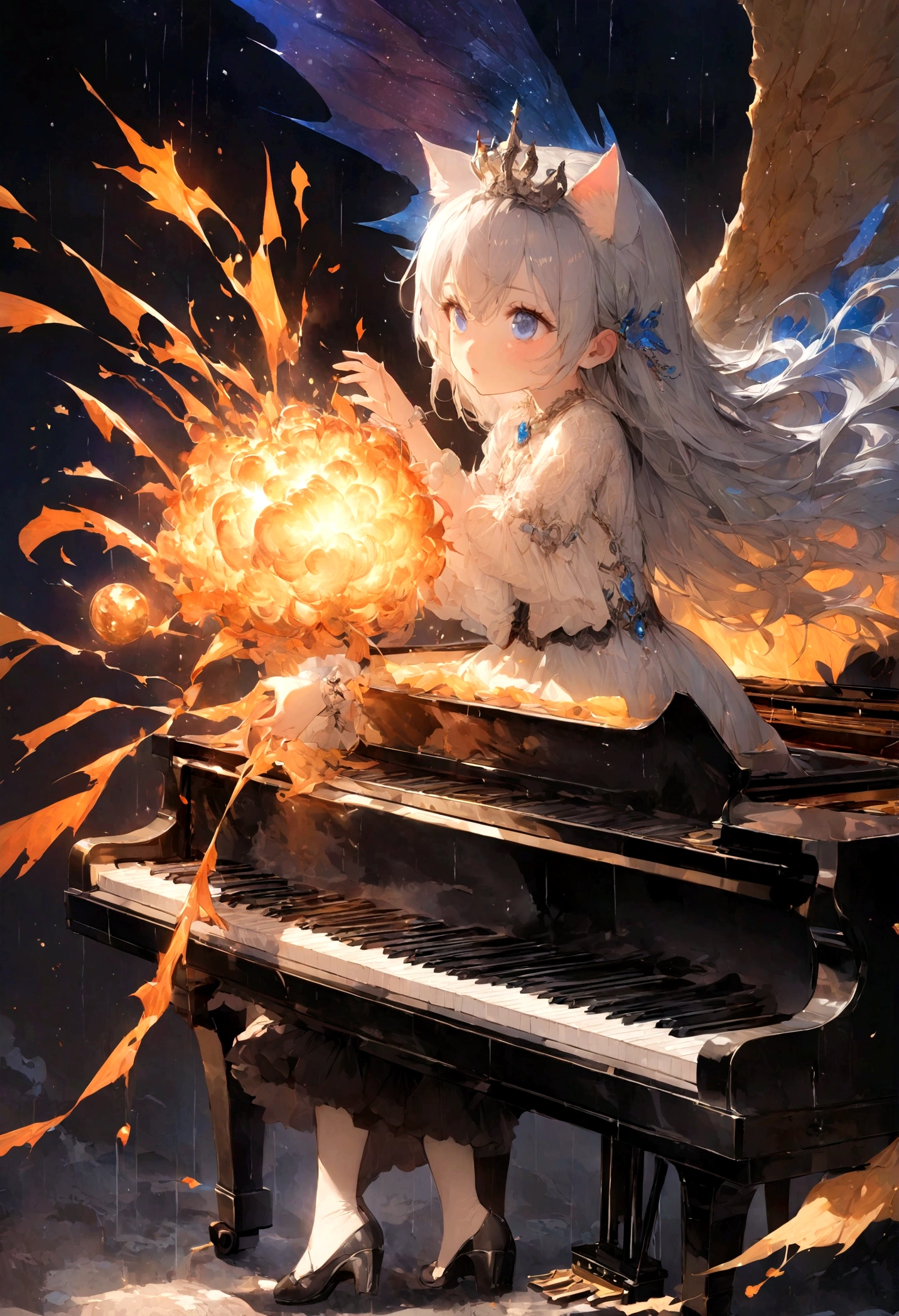 Lyrica Prismiver playing keyboard, masterpiece, fine detail, 4k, 8k, 12k, solo, one person, beautiful girl, caucasian female, Lyrica Prismiver, spring, bird flying away, air