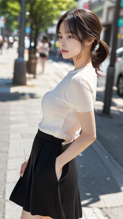 highest quality,masterpiece,Ultra-high resolution,(Actual:1.4),Original photo,Ultra-high resolution,8k,woman,Fair skin,(Short sleeve、Wearing a white summer knit、Tight clothing:1.4),(Side view:1.3)、(slender、Large Breasts),Long legs,Bright and beautiful、(Black Skirt、Wearing a long black skirt、Body lines are emphasized、Has a deep slit:1.3)、Beautiful Skin、Smooth Skin、日本人woman、Anatomically correct、Beautiful breasts、(Age 25)、carrying a black shoulder bag、(Walking、Looking down、俯きながらWalking:1.2)