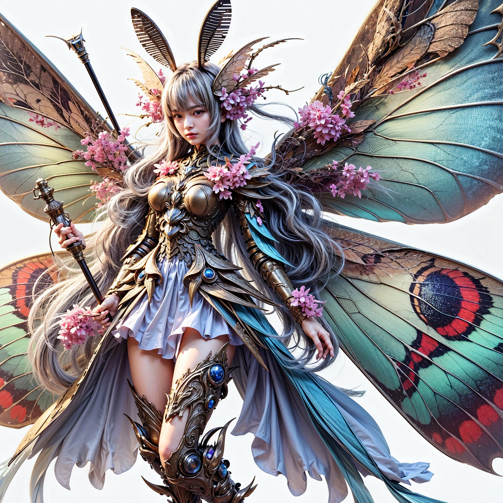 (top-quality:1.2, masterpiece), ultra high res,(Photorealsitic:1.4), (moth-like bio insect suit:1.2), heavy weapons,large wings, vivid textures,insect legs, gray hair, glowy skin, japanese girl beautiful face, ((super realistic intricate details)), full body shot, globalillumination, octan render, ultrasharp, character edge light, Details of complex ornaments, Acrylic Clear Cover, Hydraulic cylinder